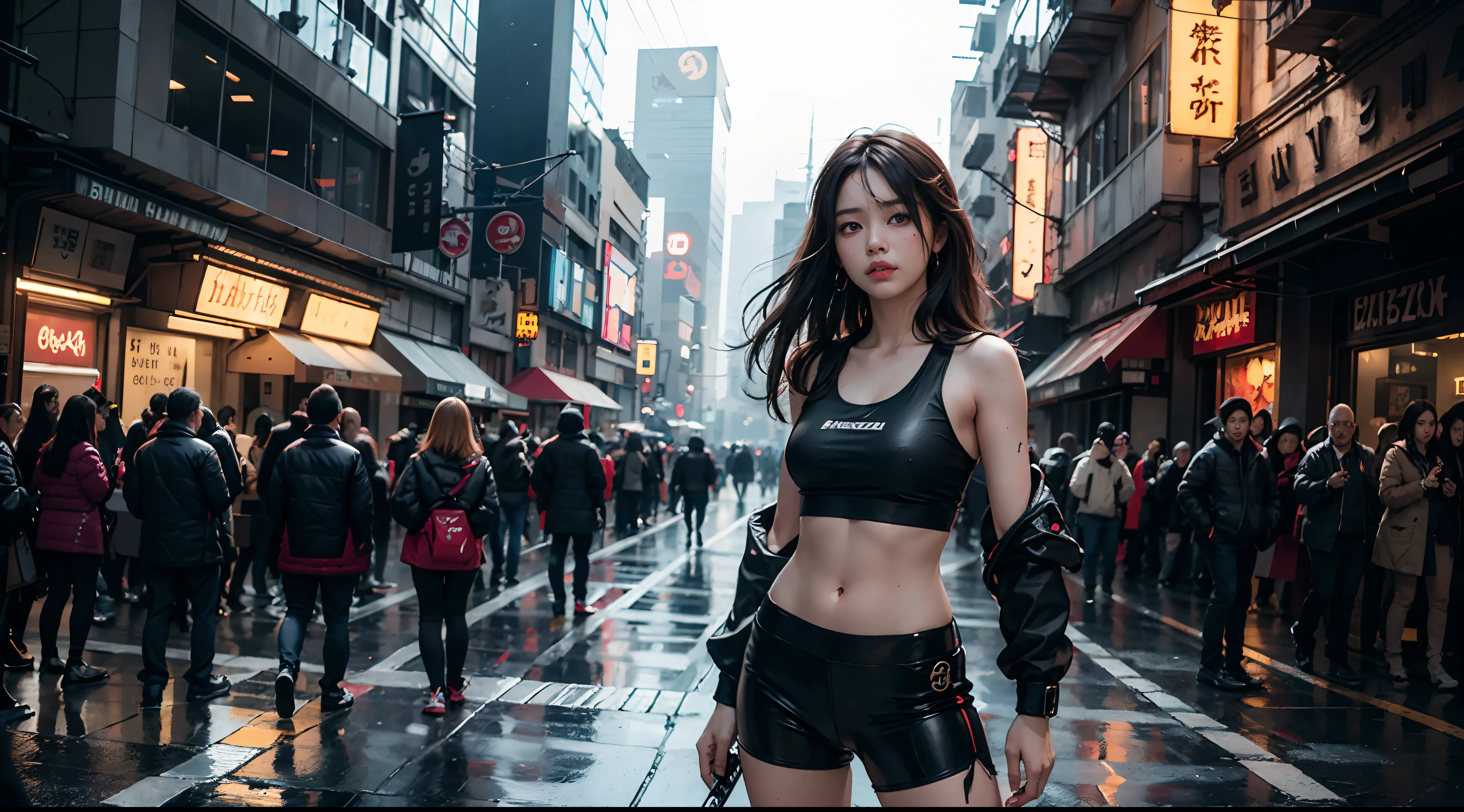 Beautiful hyper-realistic photo of a cute Asian cyberpunk girl, Tragen von Cyberpunk-Tanktop und Oberschenkelhose, Katana halten, bunter neonhintergrund, cluttered Blade Runner background, Dynamische Pose, Konzeptzeichnung, von Brian Froud und Carne Griffiths und Wadim Kashin und John William Waterhouse, Komplizierte Details, 8K-Postproduktion, high resolution, Super detailliert, Auf ArtStation im Trend, Scharfer Fokus, Studio-Fotos, Komplizierte Details, Depth of field, f/2.8, Filmische Ausleuchtung, Dunkle Schatten.