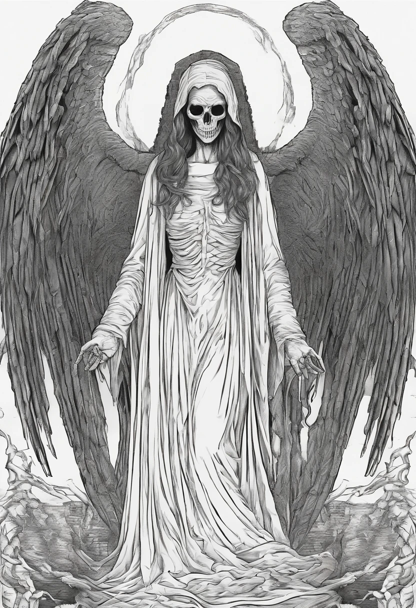 Beautiful female angel of death, in the style of a coloring page, clean line art, clear line art, thick outline, white background, black and white, no color, coloring book page, coloring page, line art