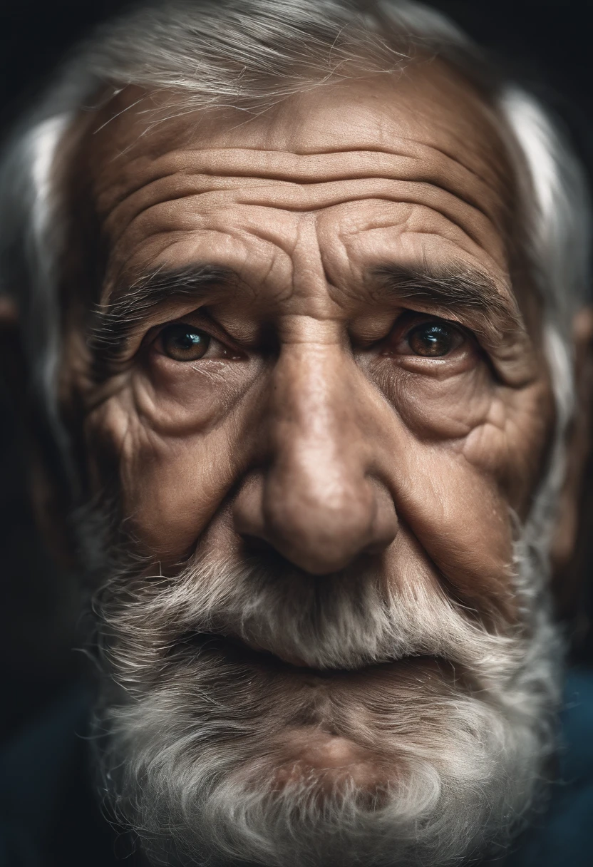 A detailed, macro photograph of an elderly man's face, captured using a Sony A7r camera with a 50mm FE - F 2.8 Lentille GM.