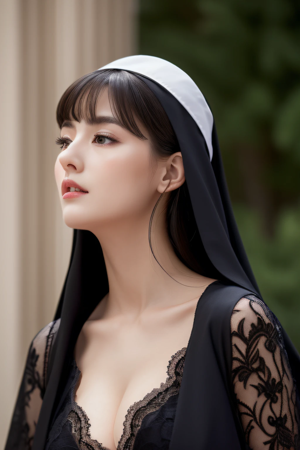 top-quality,Beautiful detailed nun,Bewitching face,long lashes,Wearing a long black lace dress,Hide your mouth with a lace cloth,Detailed details,Colossal tits,With cleavage,looking away from camera、palatial palace、