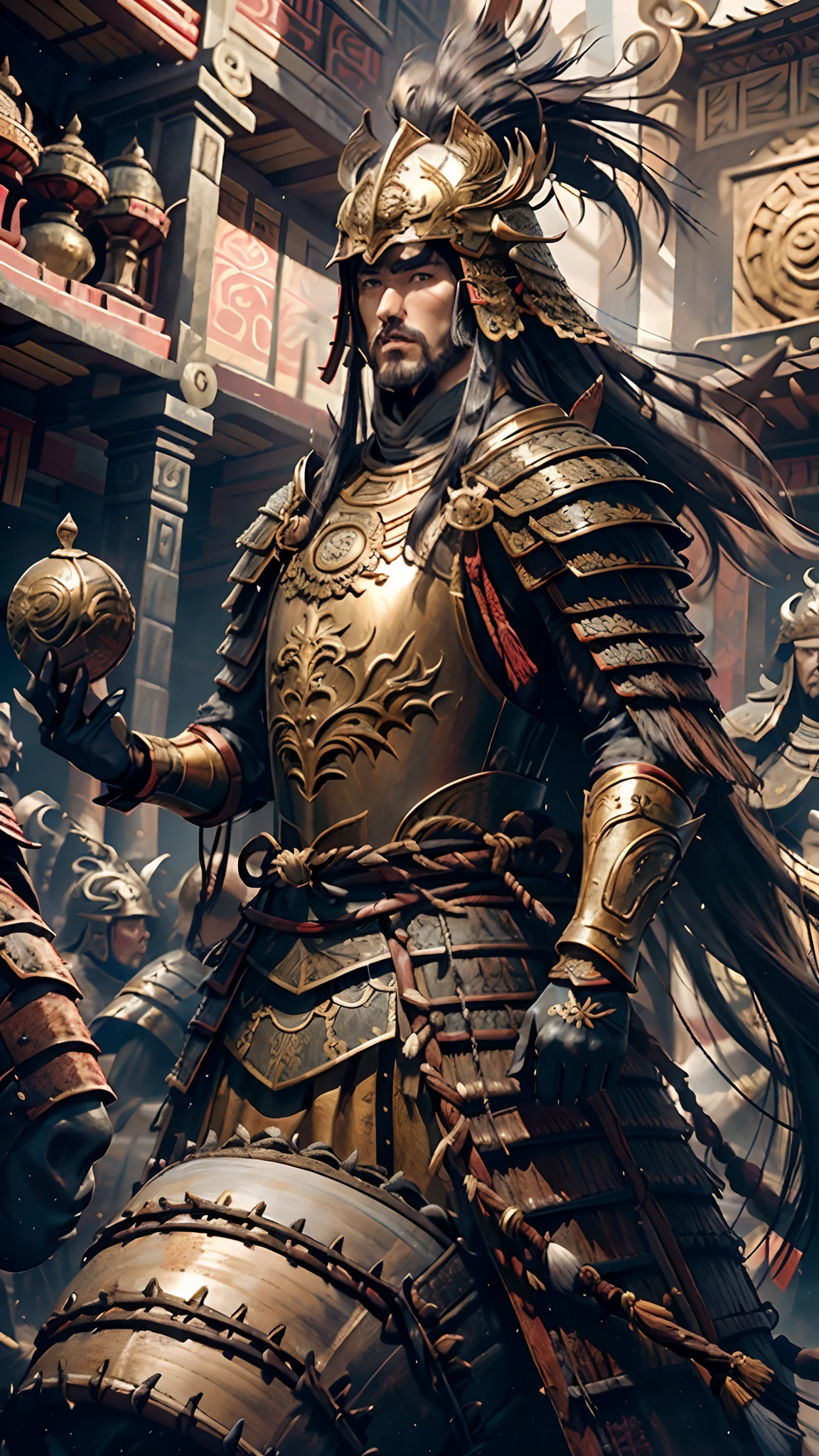 ((tmasterpiece))), (((melhor qualidade))), ((Ultra - Detalhado)), (hiper realisitc), (CGillustration altamente detalhado), cinematiclight, realista, Muito bonito jovem, Ajuste seu corpo, Detalhes intrincados EABA, Capelet vermelho, Spears,andar a cavalo,armadura cinza,Do not wear a helmet,Military general of the Three Kingdoms,Lü Bu,pelos faciais brancos,barba curta,Armadura de Bronze,alabarda,20 anos de idade,juventude,Chineseidol,Seu rosto estava resoluto,Hair is dark and thick,alto e forte,It gives a sense of heroism,sem capacete。Penas vermelhas em ambos os lados da coroa