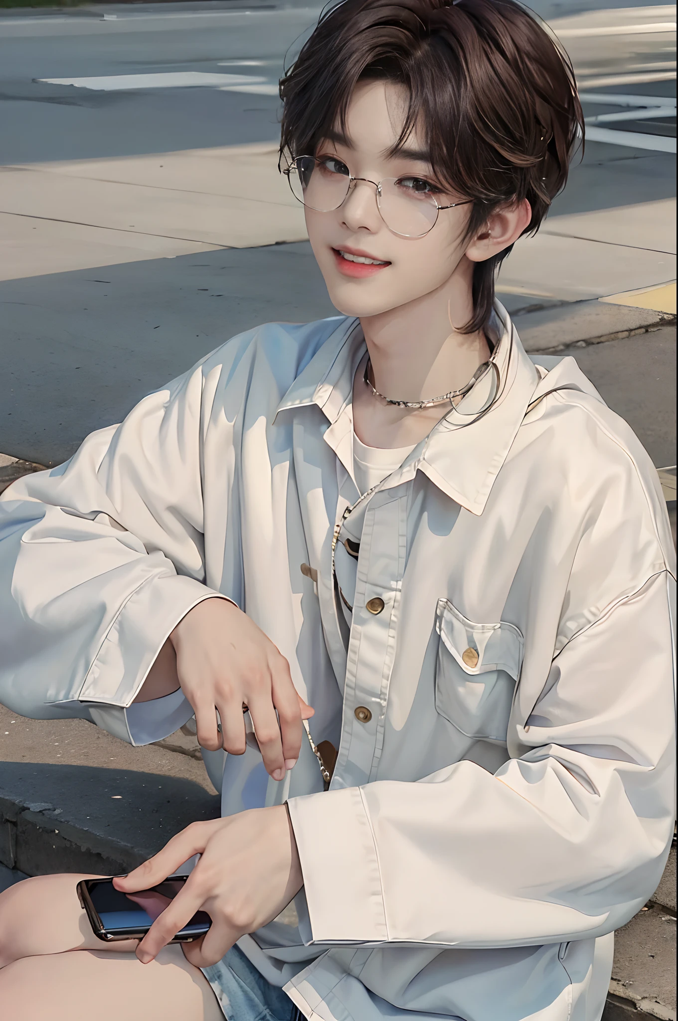 ((4K works))、​masterpiece、（top-quality)、((high-level image quality))、((One Manly Boy))、Slim body、((Attractive and sexy fashion))、((Men's Fashion))、((wears glasses))、(Detailed beautiful eyes)、In a fashionable city、Sitting on the curb and listening to music、Face similar to Chaewon in Ruseraphim、((short hair above the ears))、((Smaller face))、((Neutral face))、((Light brown eyes))、((Korean boy))、((18year old))、((Handsome man))、((Teeth and smile expression))、((Korean Makeup))、((elongated and sharp eyes))、((photo of a model))、((Like a celebrity))、Professional Photos、((Shot alone))、((Sitting on the curb and listening to music through headphones))、((He sits in front of the viewer))、((Shot diagonally up from the front))、((Hold your iPhone in your hands、Look at your iPhone screen))