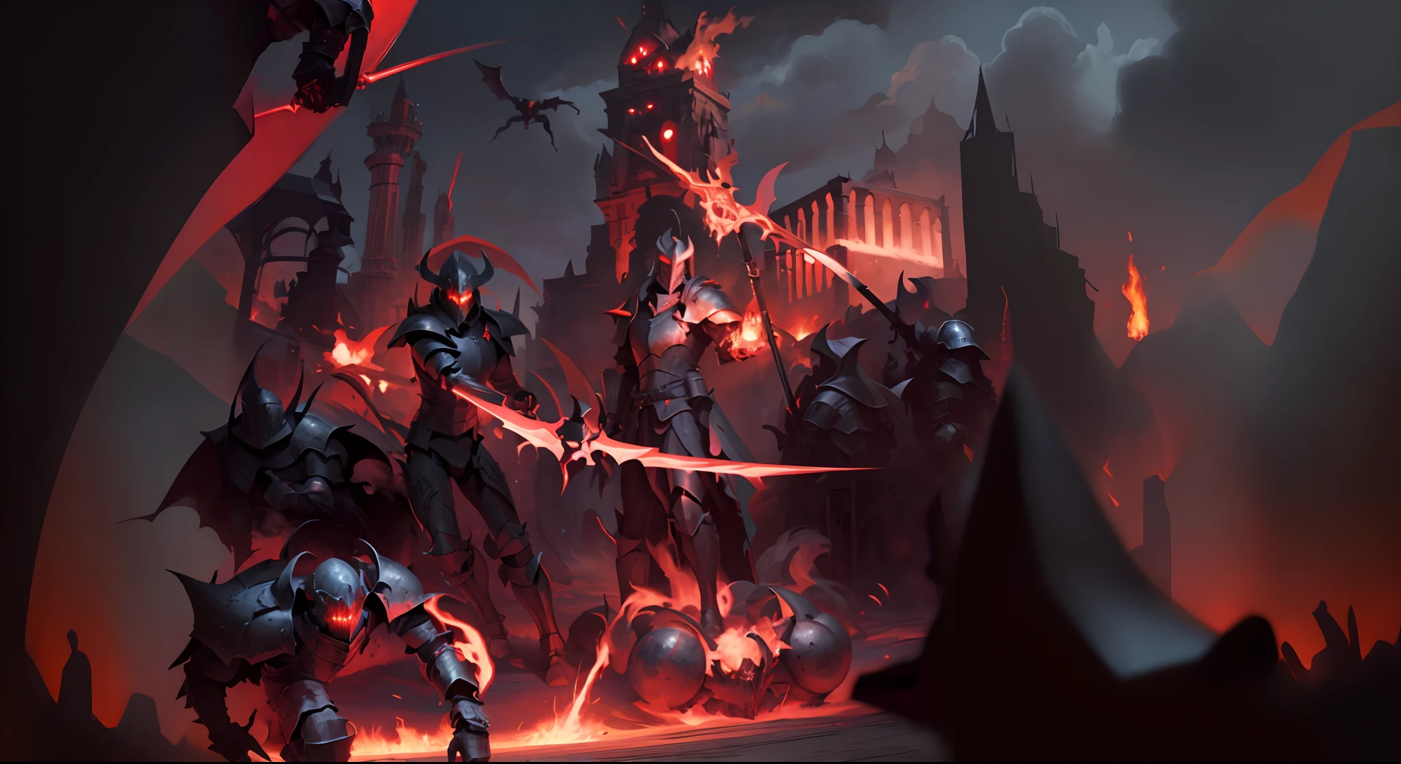 The Knights of Hell fight demons. Swords in hand. Detailed armor. Detailed helmet, gloweyes.