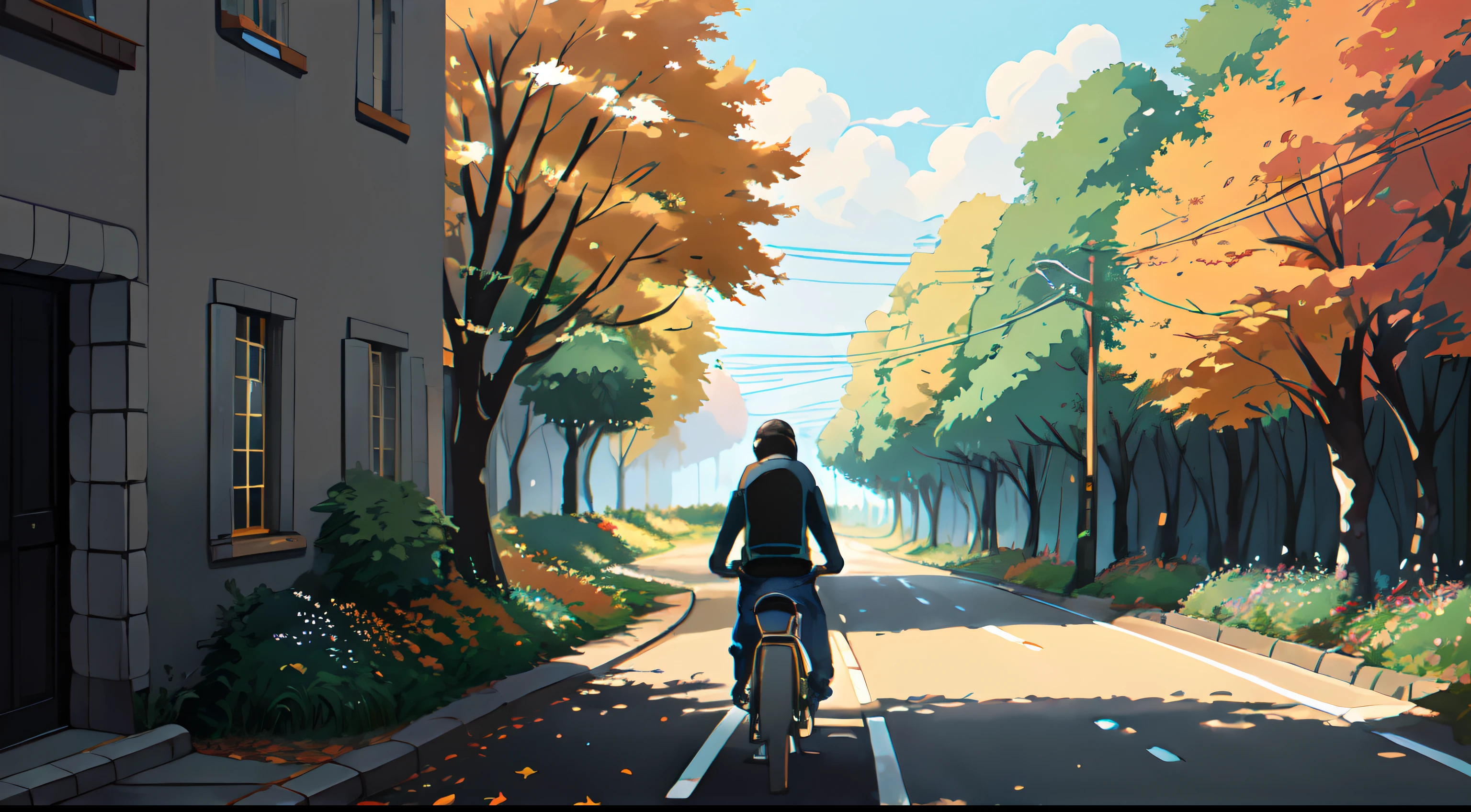 (bicyclette:1.5), (Realistic bike: 1.5), (realistic cyclist: 1.5), Plan en gros plan, Le meilleur des meilleurs, automne, Orange leaves, nature, Landscaped background, ombres, contraste, Makoto Shinkai (beste-Qualit:1.3), (high resolucion:1) Art par Studio Ghibli Style, impressionnisme, couleurs vibrantes