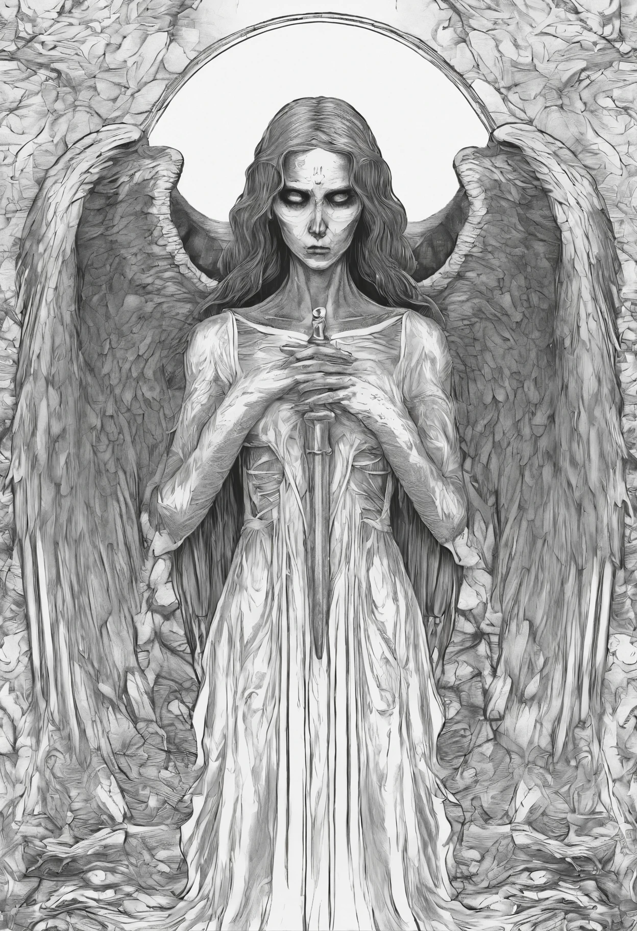 Faceless female angel of death, in the style of a coloring page, clean line art, clear line art, thick outline, white background, black and white, no color, coloring book page, coloring page, line art