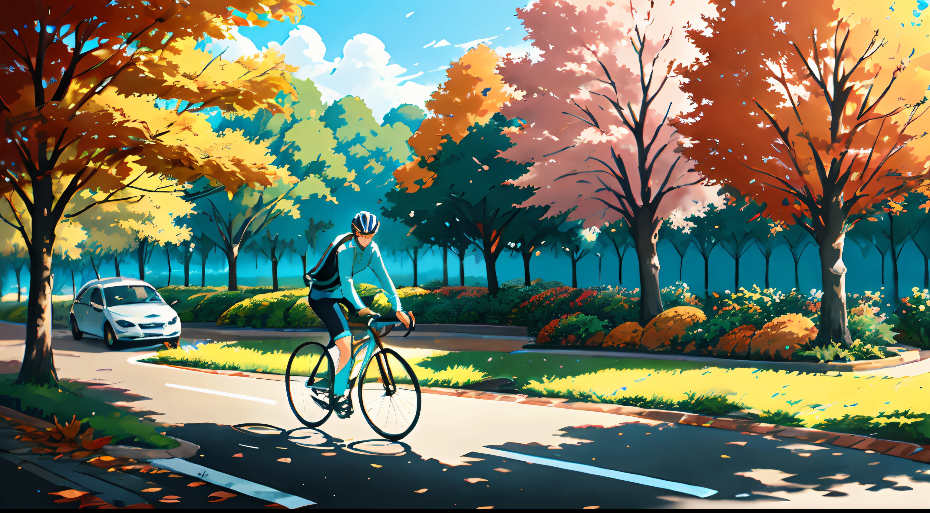 (cycliste seul: 1.5), (Realistic bike: 1.5), (realistic cyclist: 1.5), Plan en gros plan, Le meilleur des meilleurs, automne, Orange leaves, Landscaped background, ombres, contraste, Makoto Shinkai (beste-Qualit:1.3), (high resolucion:1) Art par Studio Ghibli Style, impressionnisme, couleurs vibrantes