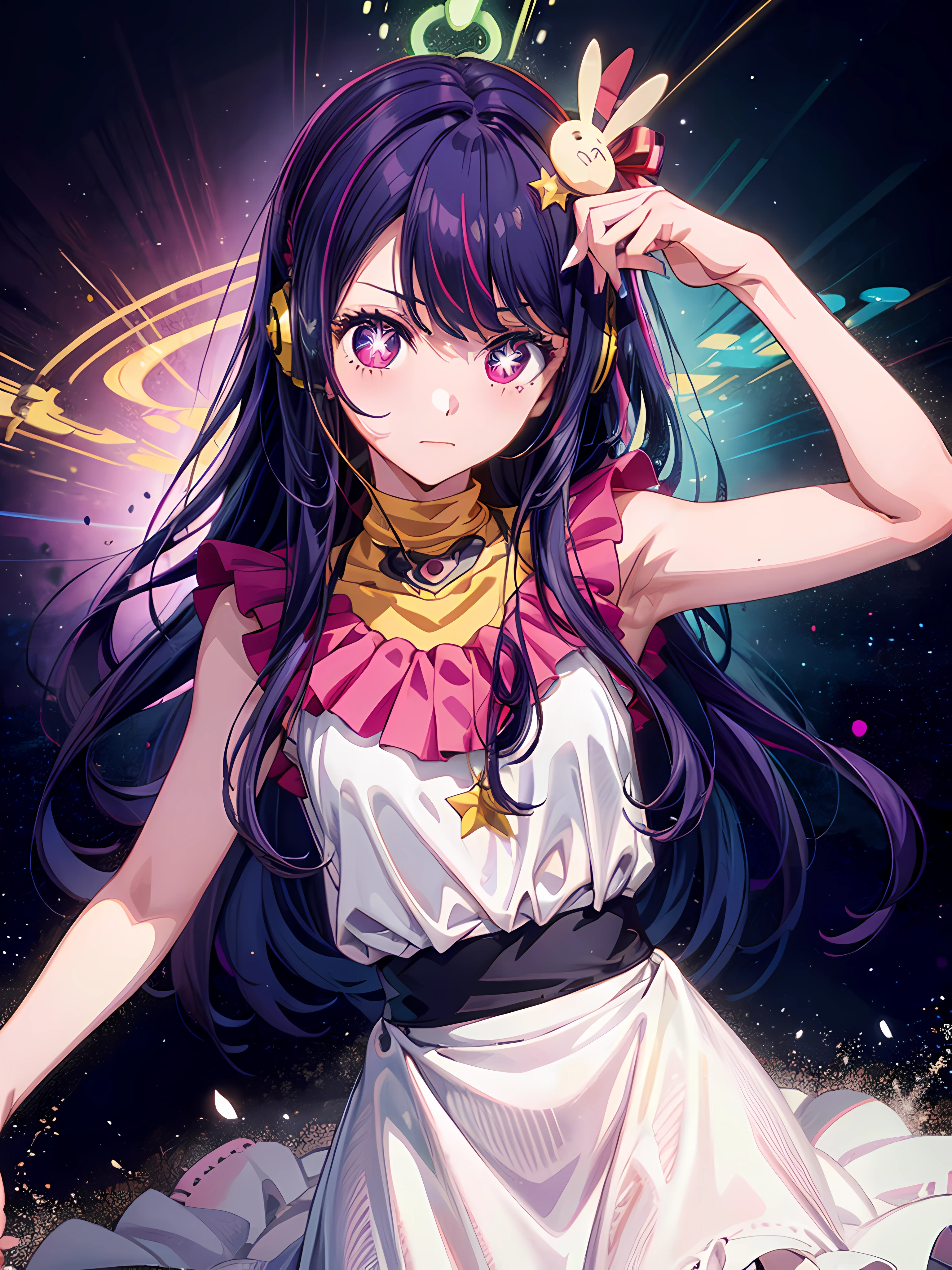 1 girl,Ai Hoshino, Long hair, Purple hair, Striped hair ,Purple eyes, Star-shaped pupils, hair adornments , Surrounded by colorful flashes, Engage listeners with her colorful melodious power,Upper body,Tie white sleeveless dress,Light pink headphones