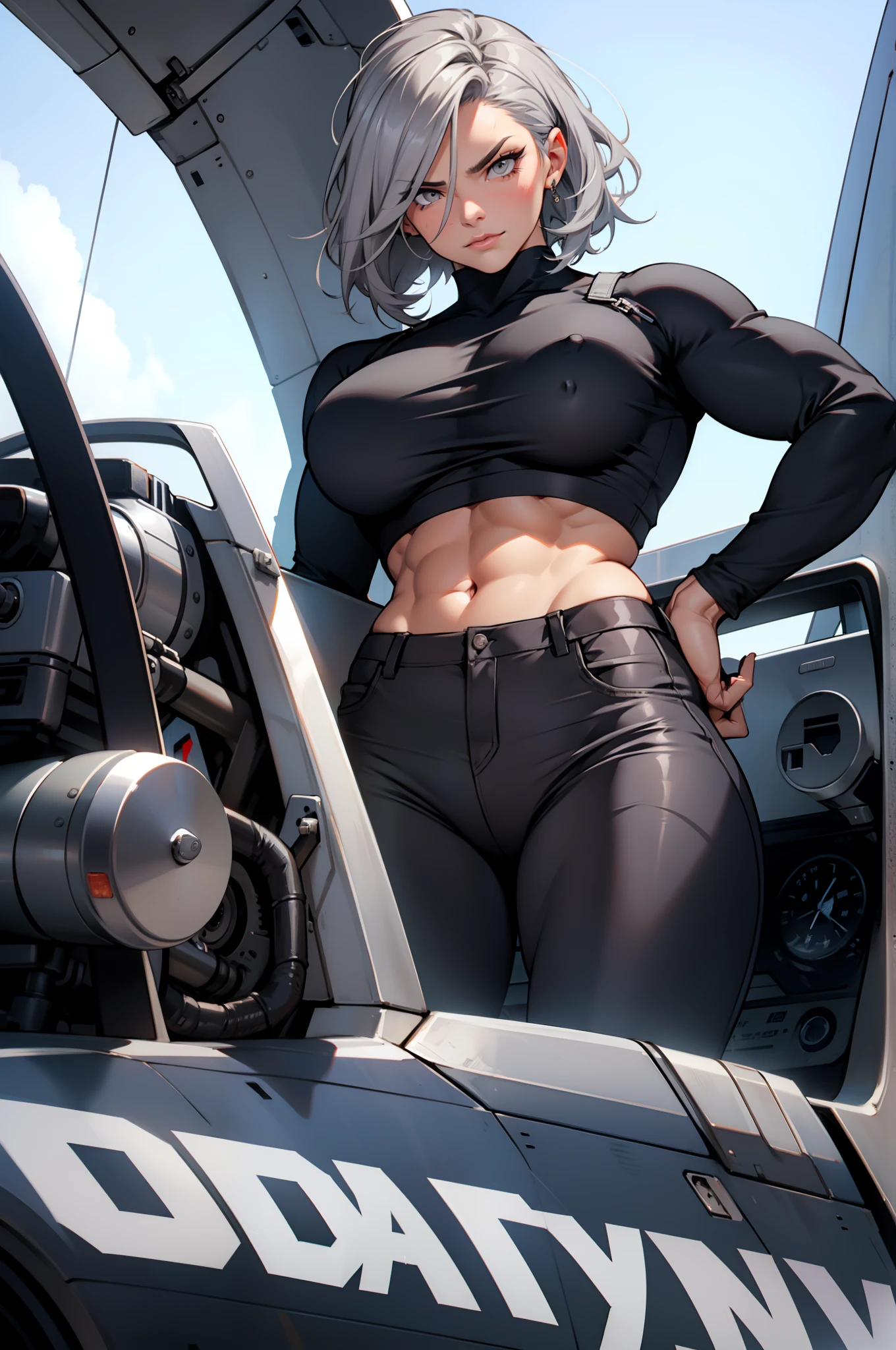 grey hair grey eyes (muscular) curvy (contempt expression) solo pilot tight shirt tight pants (1 girl)