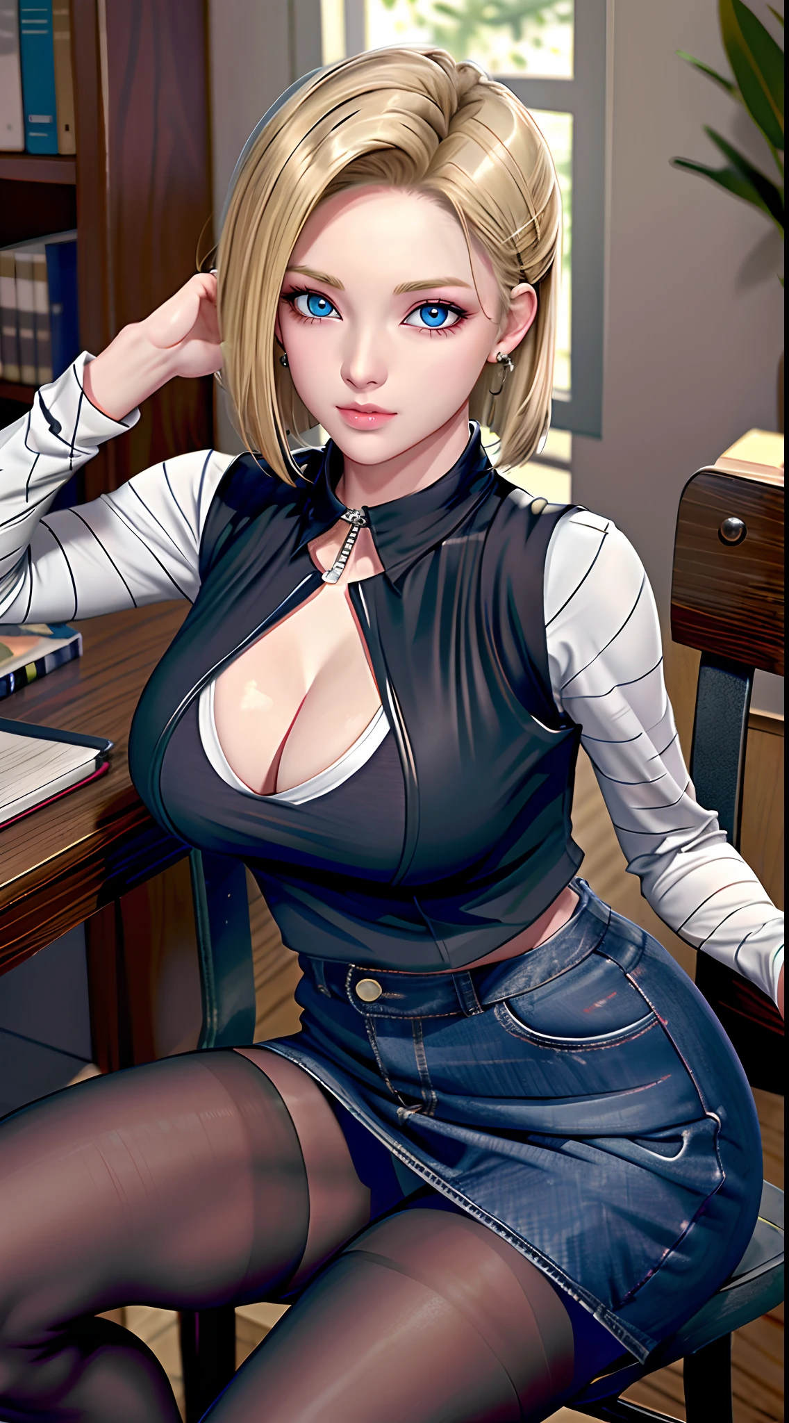 and 18， 1girll， Android 18， 独奏，Android 18 database， （（（blond hairbl， eBlue eyes， short detailed hair，耳Nipple Ring， jewely， laughingly，self-assured））），((Masterpiece)),A high resolution, ((Best quality))，tmasterpiece，top-quality，best qualityer，（（（ looking at viewert, There is light in the eyes）））