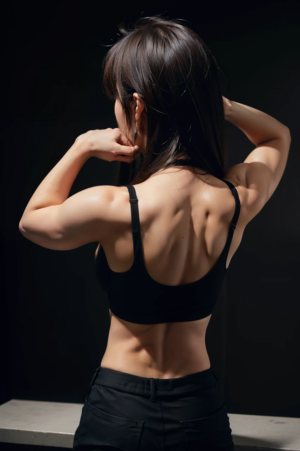 1girl,lat spreading, back flexing, black shirt, back muscular