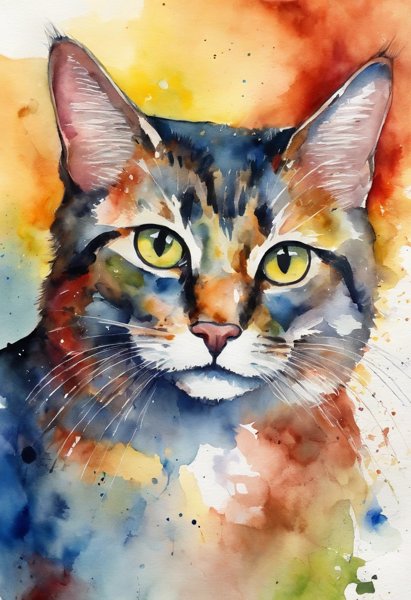 A painting of a cat with yellow eyes and a white nose - SeaArt AI