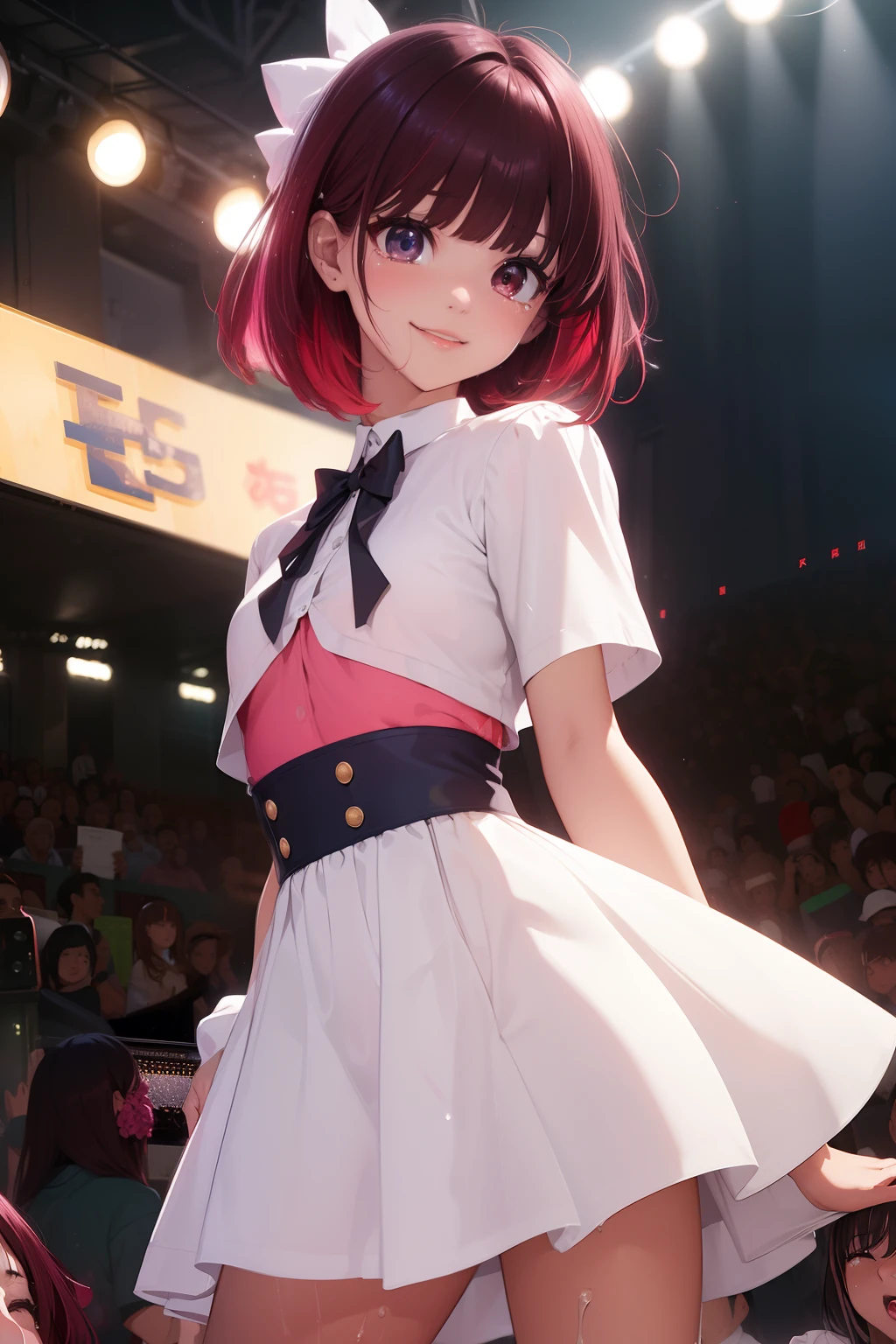 masterpiece,Highest quality, Highest quality, Perfect Skin, Beautiful attention to detail,Detailed face,Dynamic Lighting,One Girl,View your audience, nmm1, nekomusume, nekomusume \(gegege no kitarou 6\), One Girl, Purple Hair, Yellow Eyes, alone, Red dress, Red choker, Hair Ribbon, Pointy Ears, short hair, White shirt, Long sleeve, Red Bow, bangs, clavicle, brooch, jewelry,discovery, Shooting from below,White panties,Storm from below, Escape to, Focus on the audience, Looking at the camera, Complex fighting pose, Closed fist