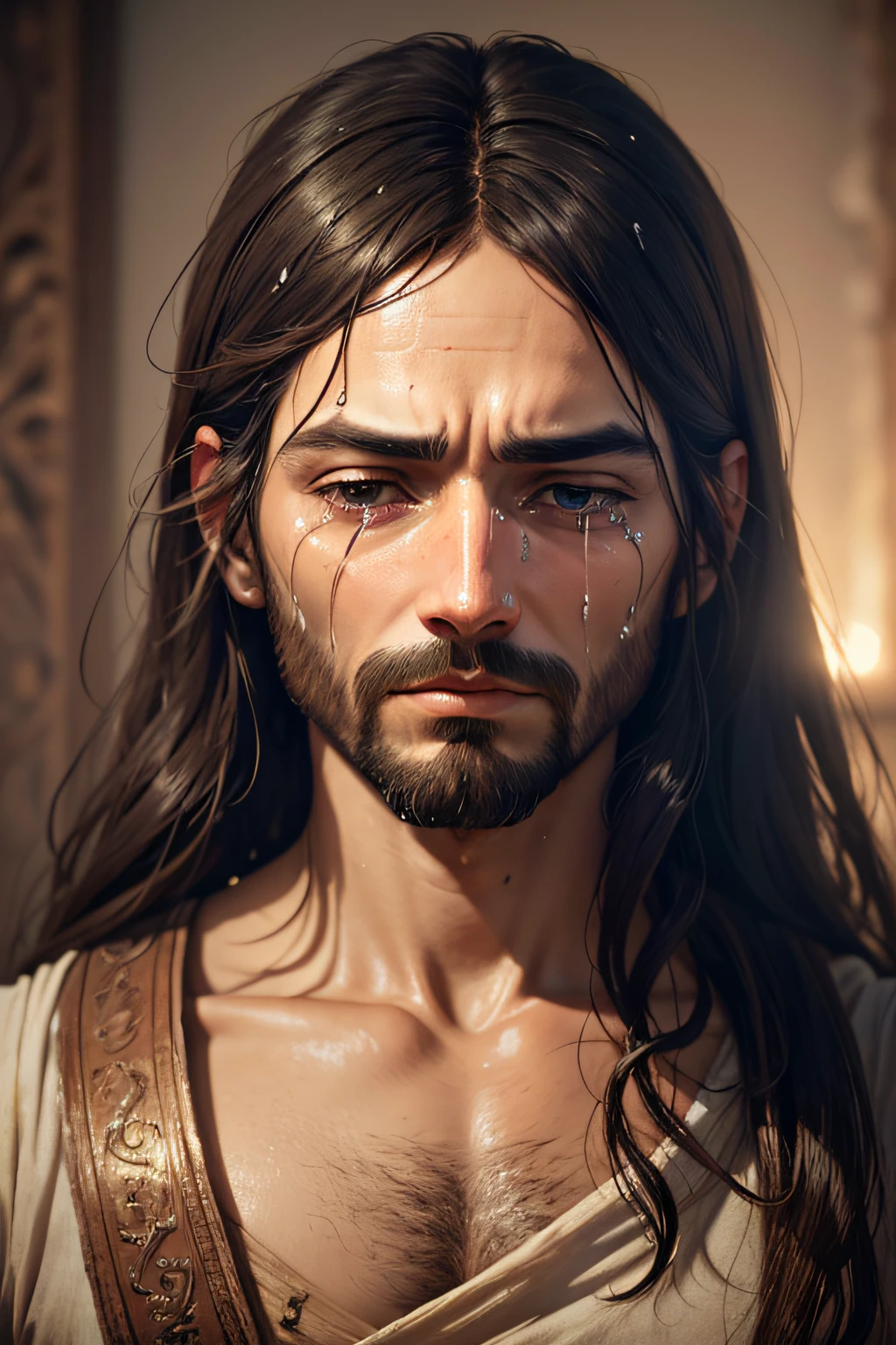 IMAGE OF JESUS ​​WITH TEARS ON HIS FACE, IN BETANIA, ULTRA REALISTIC 32K IMAGE, WORK OF ART, MASTERPIECE
