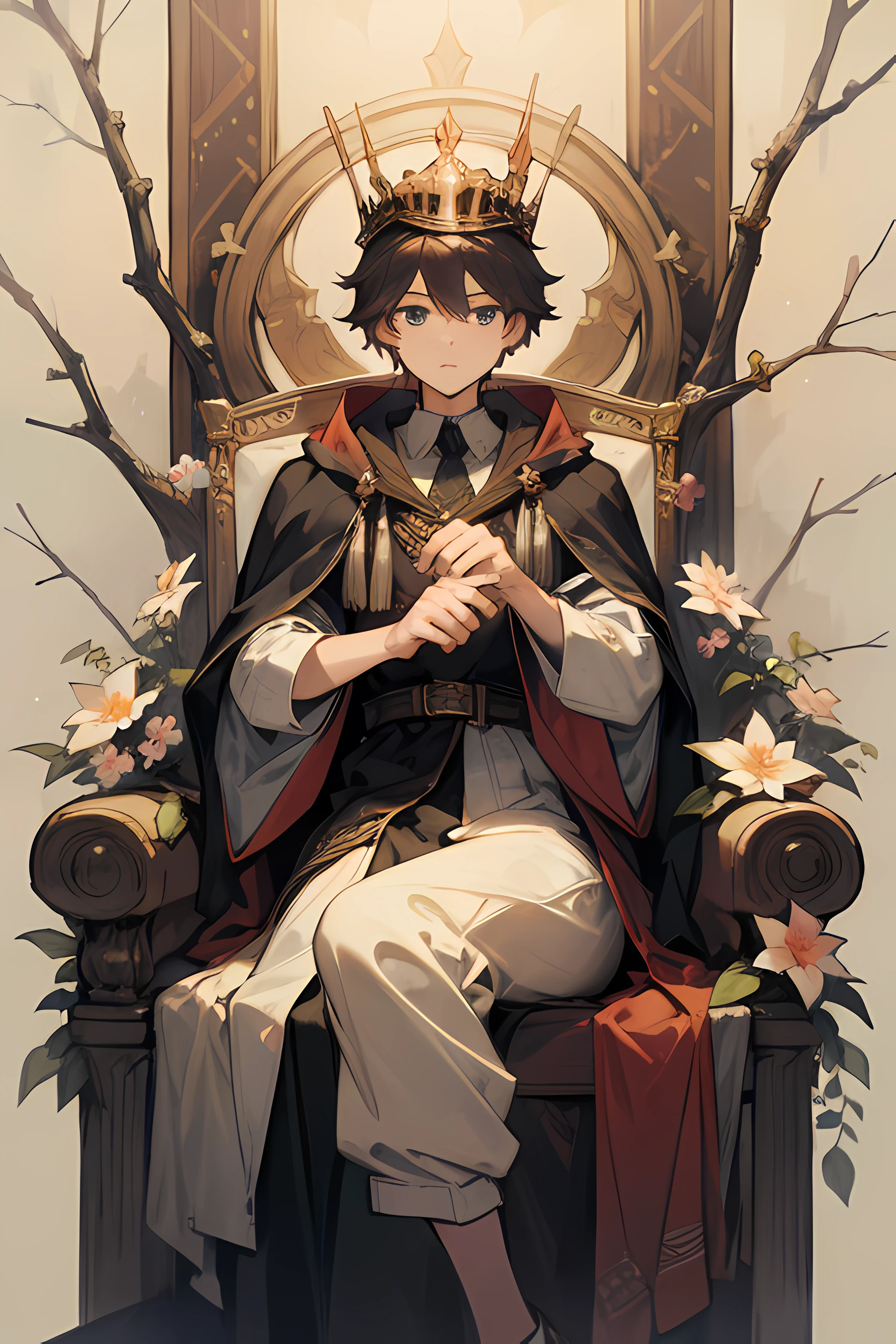 A man sitting on a throne, with a cloak of argyle patterns, and a crown of twigs and flowers.