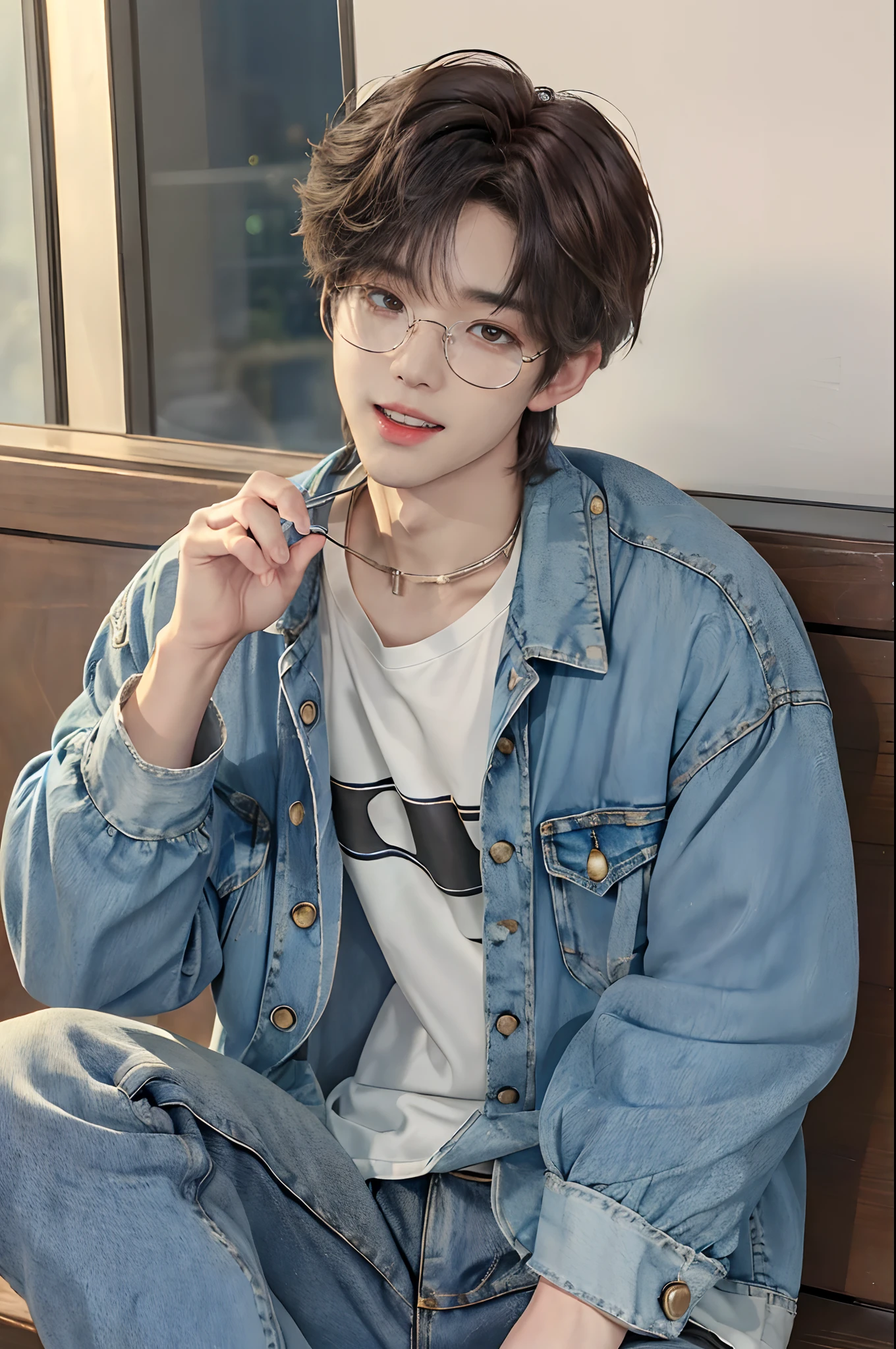 ((4K works))、​masterpiece、（top-quality)、((high-level image quality))、((One Manly Boy))、Slim body、((Jeans Fashion))、((Men's Fashion))、((Holding a backpack and iPhone in hand))、((wears glasses))、(Detailed beautiful eyes)、In a fashionable city、Sitting on the curb and listening to music、Face similar to Chaewon in Ruseraphim、((short hair above the ears))、((Smaller face))、((Neutral face))、((Light brown eyes))、((Korean boy))、((18year old))、((Handsome man))、((Teeth and smile expression))、((Korean Makeup))、((elongated and sharp eyes))、((photo of a model))、((Like a celebrity))、Professional Photos、((Shot alone))、((Sitting on the curb and listening to music through headphones))、((He sits in front of the viewer))、((Shot diagonally up from the front))、((Hold your iPhone in your hand、Look at your iPhone screen))