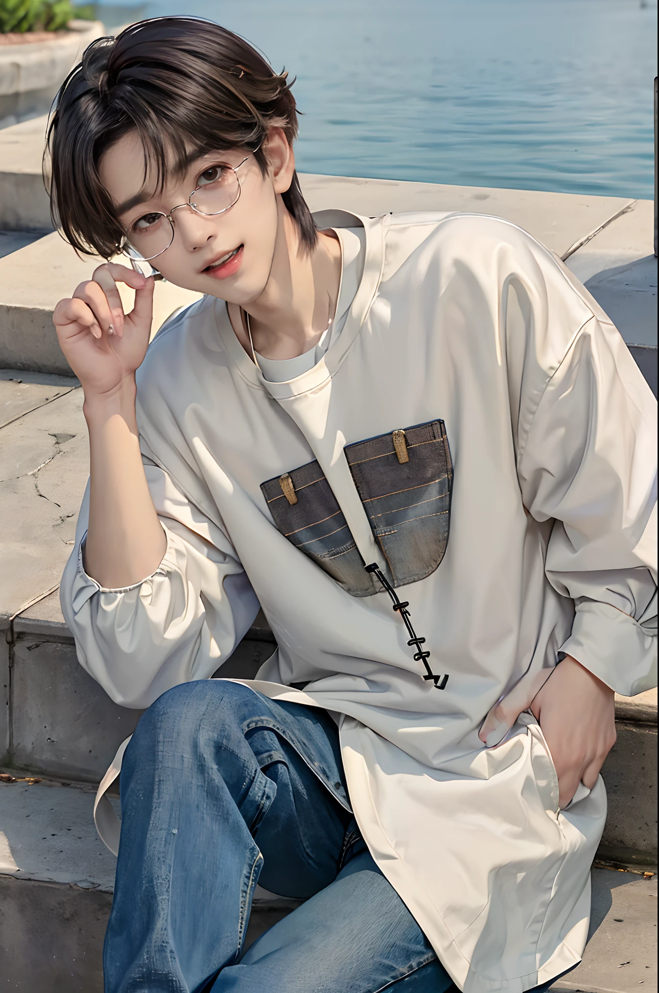 ((4K works))、masterpiece、(top-quality)、((high-level image quality))、((One Manly Boy))、Slim body、((Jeans Fashion))、((Men's Fashion))、((Holding a backpack and iPhone in hand))、((wears glasses))、(Detailed beautiful eyes)、In a fashionable city、Sitting on the curb and listening to music、Face similar to Chaewon in Ruseraphim、((short hair above the ears))、((Smaller face))、((Neutral face))、((Light brown eyes))、((Korean boy))、((18year old))、((Handsome man))、((Teeth and smile expression))、((Korean Makeup))、((elongated and sharp eyes))、((photo of a model))、((Like a celebrity))、Professional Photos、((Shot alone))、((Sitting on the curb and listening to music through headphones))、((He sits in front of the viewer))、((Shot diagonally up from the front))、((Hold your iPhone in your hands、Look at your iPhone screen))