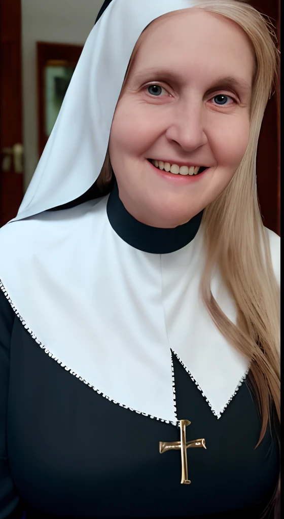 fat mature woman in a nun costume reading a book, nun outfit, nun fashion model, nun, wearing a cross on a robe, wearing a black robe, nun fashion model looking up, wearing a matron's uniform, wearing a black robe, an evil nun, kneeling and looking, wearing Black robe, wearing a dark robe, wearing black silk robes, beads crisscrossed on the bare chest,huge boobs