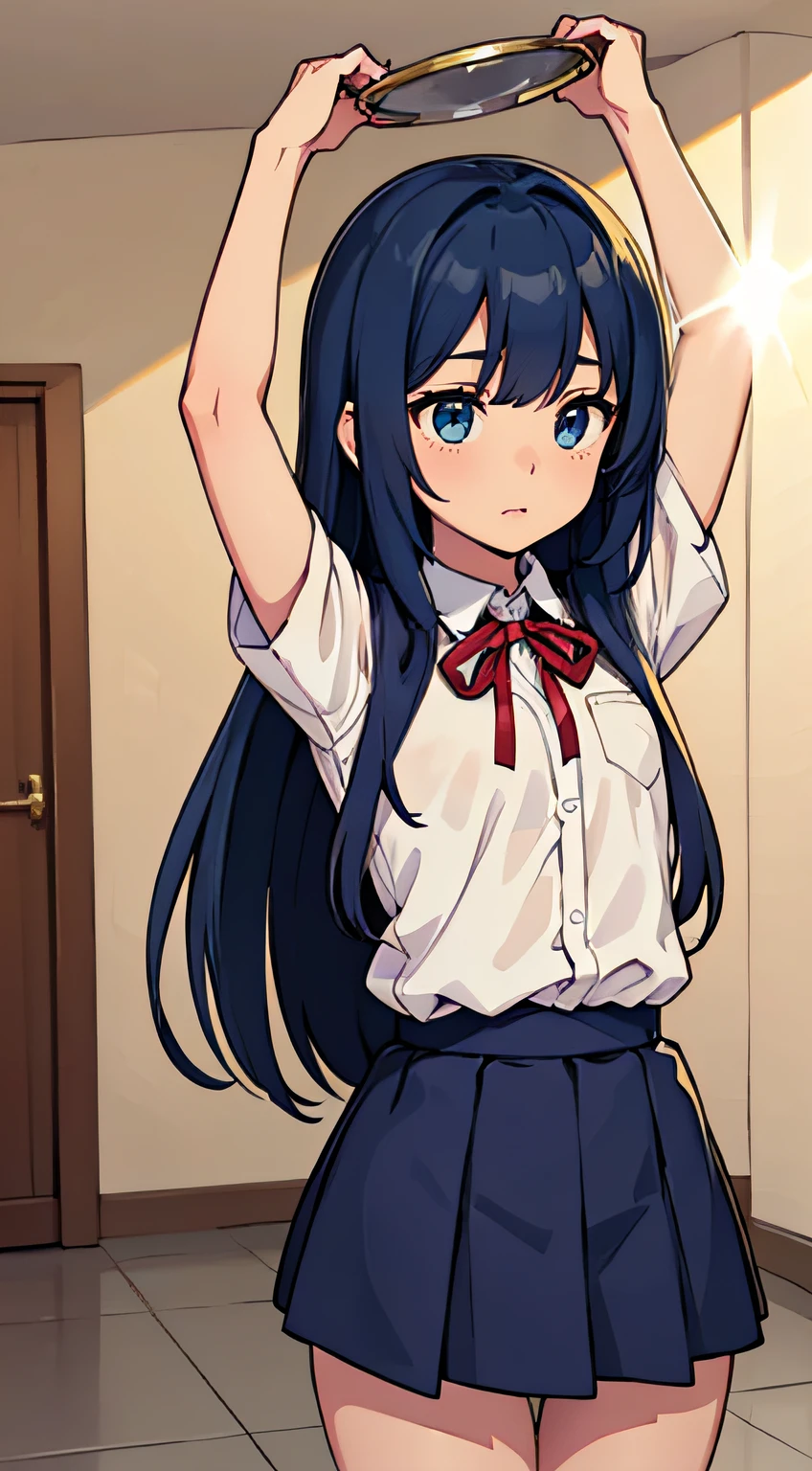 ((Masterpiece, Top Quality)), (Solo), Distant view, lined eyes, blue-colored hair, tips bouncing outward, flat chest, waist-length hair, flat chest, slim thighs, sleeping, calm state of mind, school uniform, red vest, beige skirt, long white shirt, blue ribbon across chest, high school student, soft skin Large dark blue eyes (very fine eyes), evening, reference room, looking for a book, distressed, looking up, perspective, overhead composition, lens flare, fine features, perfect anatomy, centered, perfect distance, very fine, complex, accurate and very fine, rich colors, rich colors, accurate, clean, rich colors, accurate, clean, Clean, rich color, exquisite detail, golden ratio Illustration