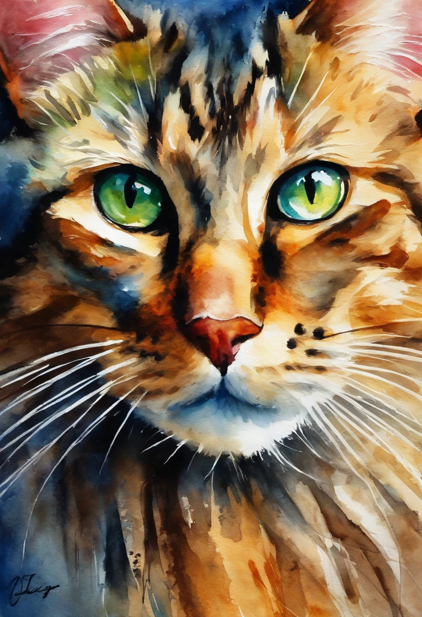 (highres,best quality:1.2), close-up of a cat, colorful background, vibrant colors, realistic furry texture, intense gaze, mesmerizing eyes, fine details of whiskers and fur, beautifully lit, playful and curious expression, bokeh effect, professional photography style