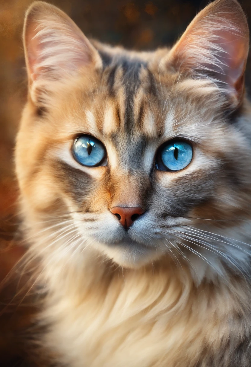 (highres,best quality:1.2), close-up of a cat, colorful background, vibrant colors, realistic furry texture, intense gaze, mesmerizing eyes, fine details of whiskers and fur, beautifully lit, playful and curious expression, bokeh effect, professional photography style