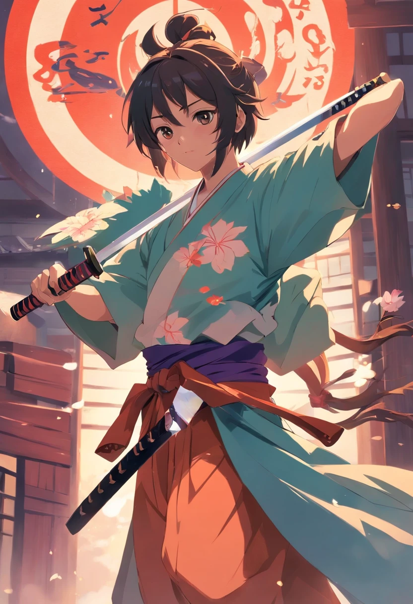 crie um samurai destemido, com chapel, demon mask wielding a katana