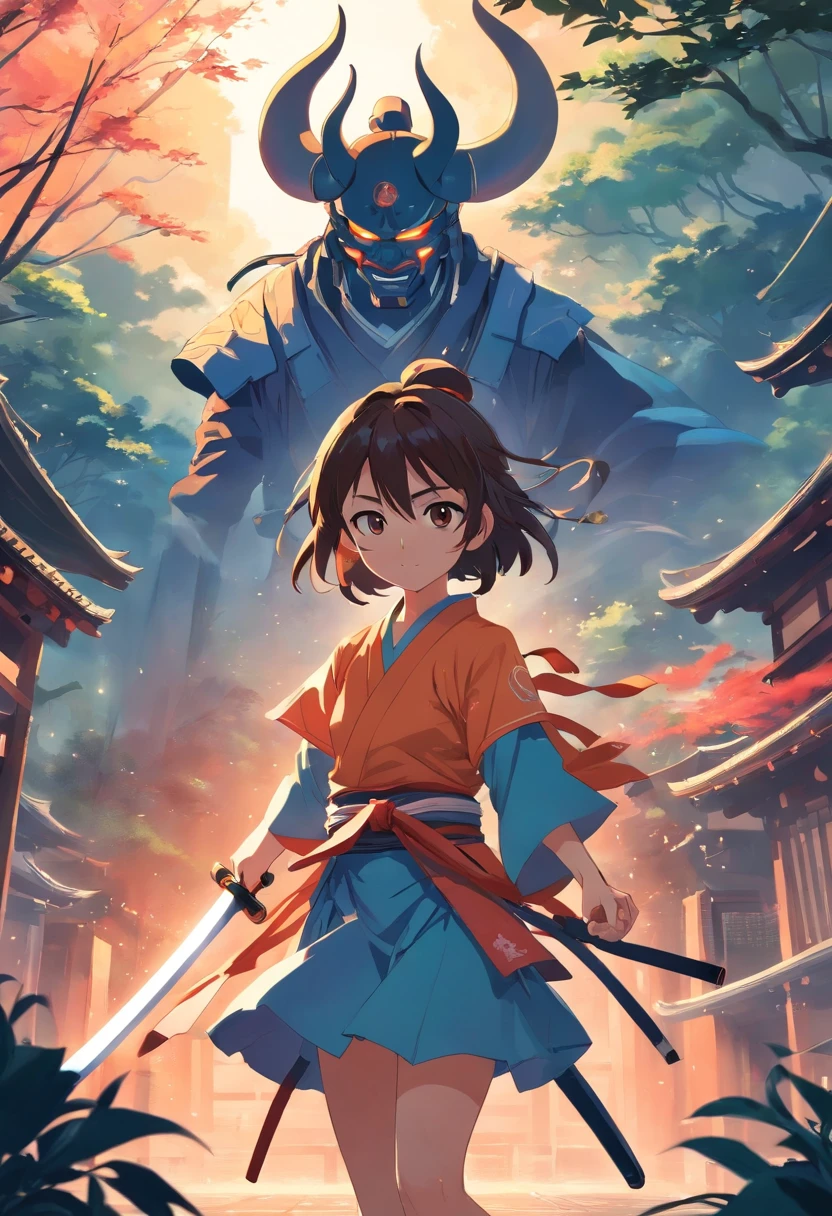 crie um samurai destemido, com chapel, demon mask wielding a katana