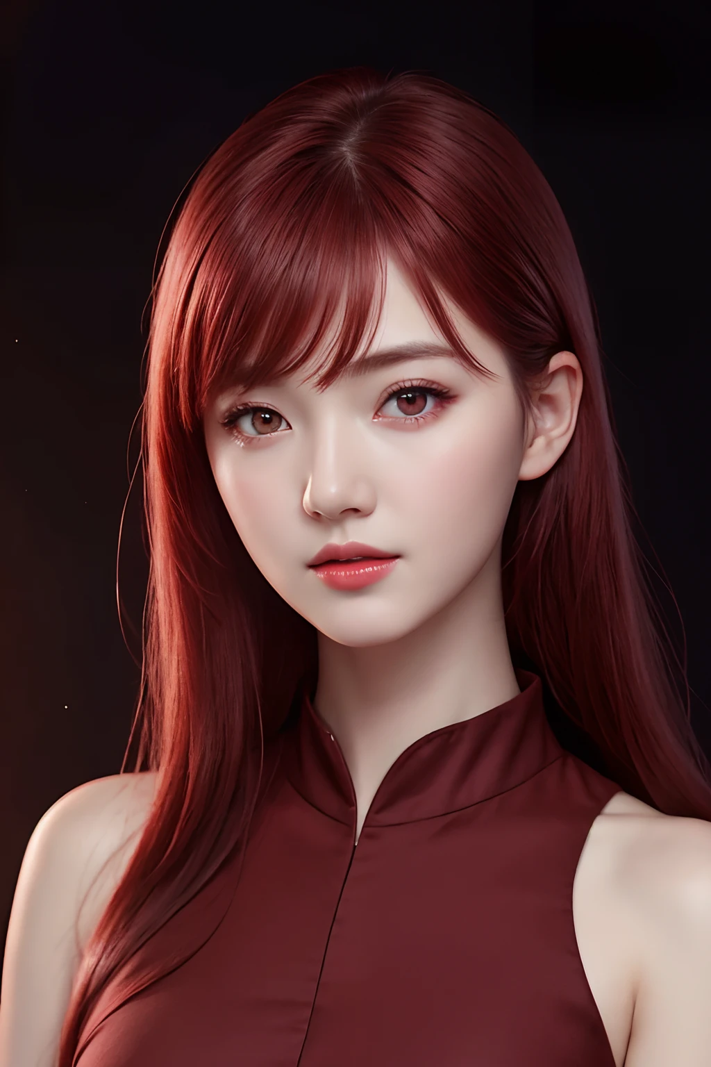 1girl, star eye, blush, perfect illumination, red hair, red eyes, unreal engine, sidelighting, detailed face, bangs, bright skin, simple background, dark background, upon body.