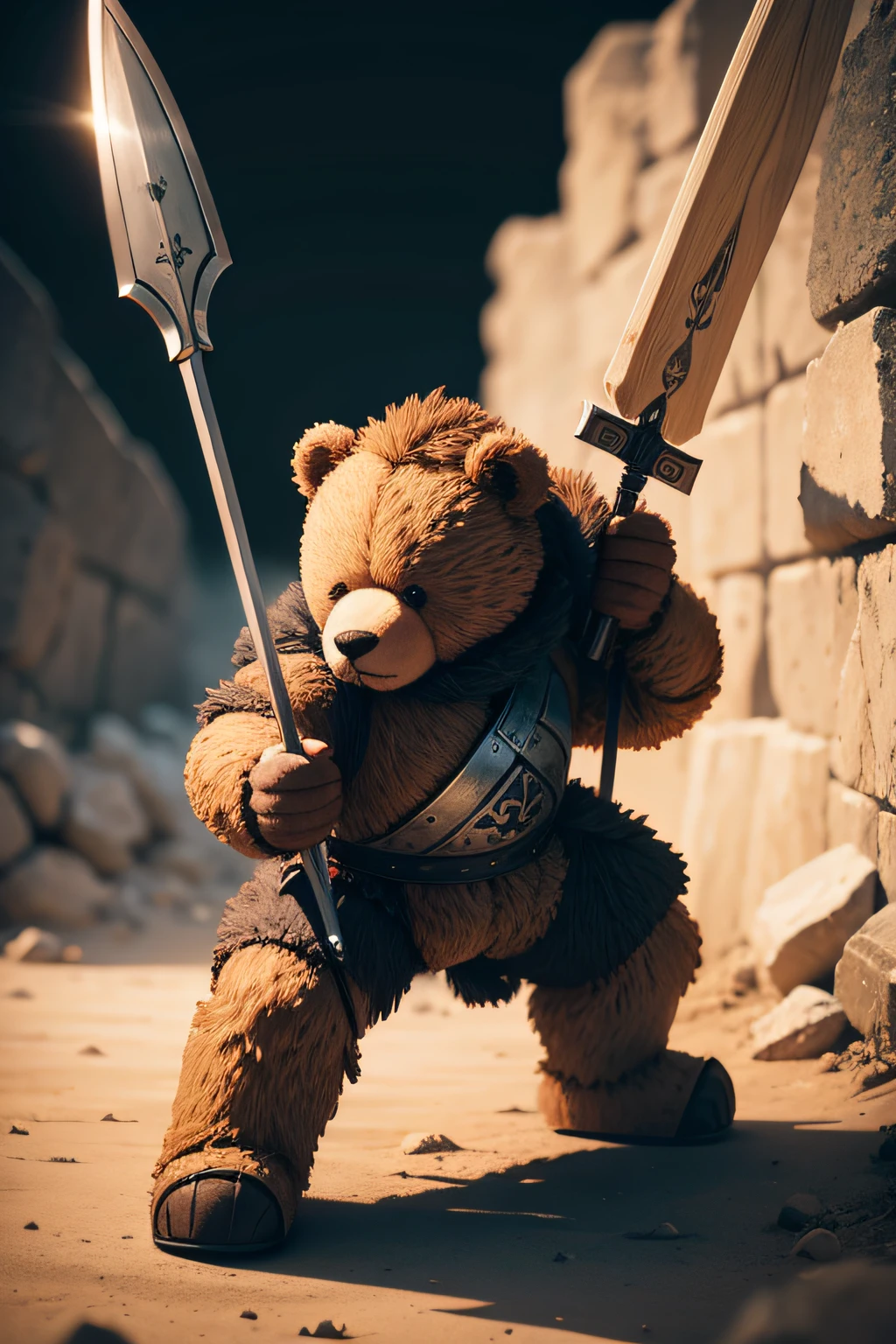 Teddy bear warrior carrying a spear and shield, debaixo da cama. action scene.