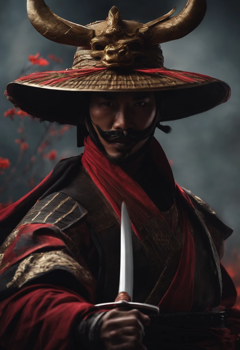create a fearless samurai, with hat, demon mask wielding a katana sword