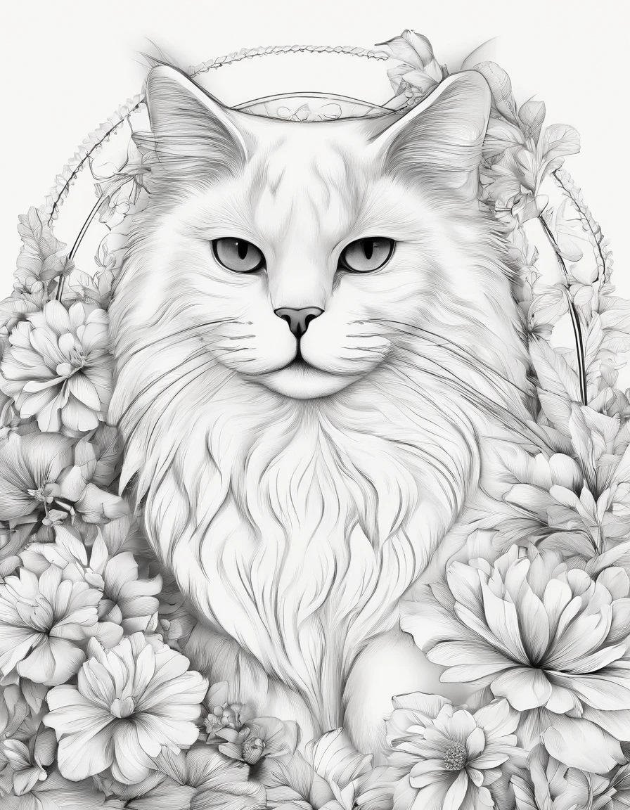 Gato & Cartaz de Design de Vida Selvagem, Qualidade Ultra HD, extremamente delicado, preto e branco, Comdesenho para colorir, Light with dramatic effect, matas densas, luz natural, Coruja protagonista destacada, Outros animais selvagens rodeiam os arredores, cercado por flores e plantas, The detailed depiction of the animals is exquisite, O foco da lente se adapta ao assunto, Hand-drawn style illustration effect.