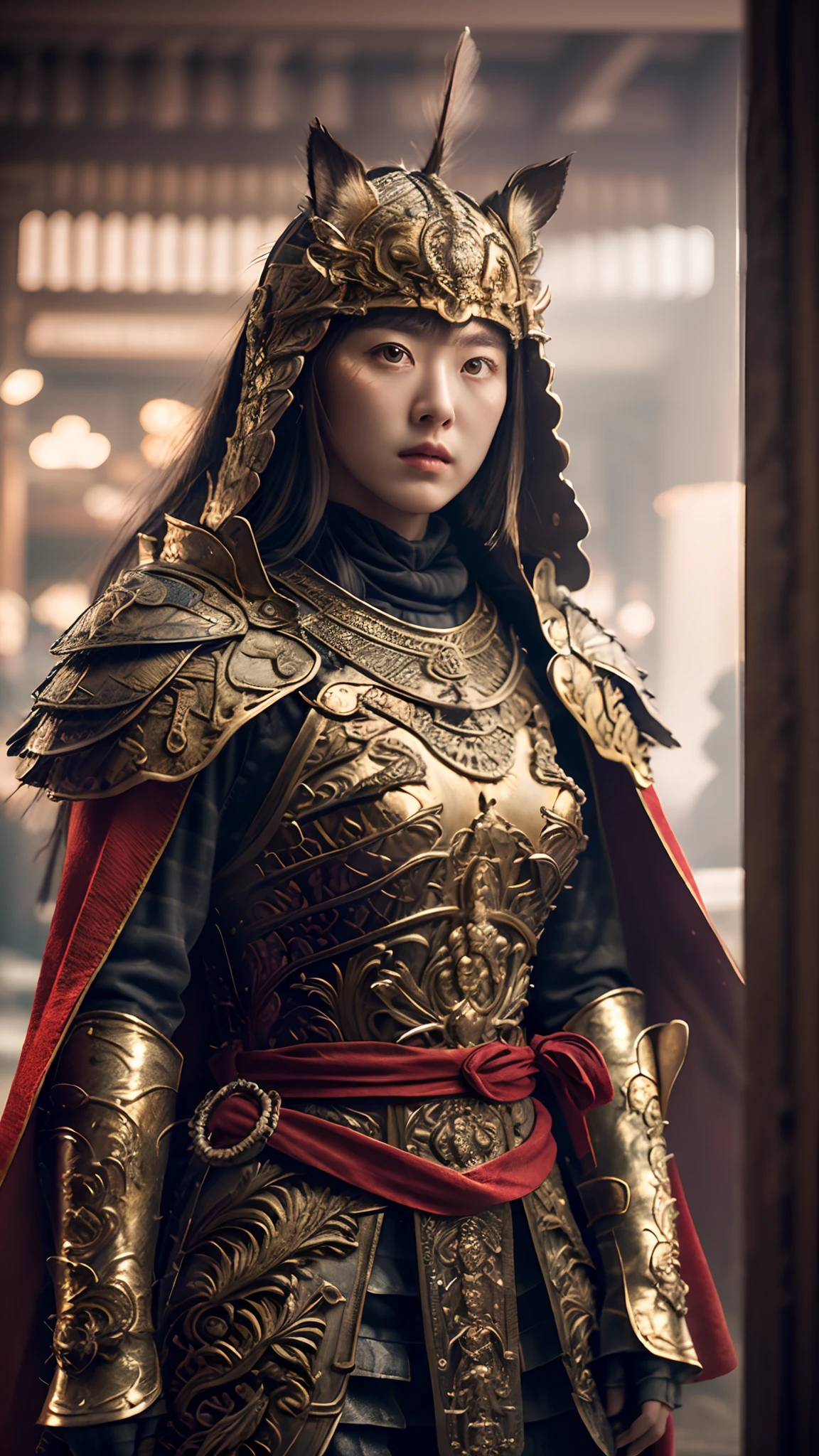 ((masterpiece))), (((best quality))), ((ultra-detailed)), (hyperrealistic), (highly detailed CG illustration), cinematic light, photorealistic ,extremely beautiful young lady, light makeup, big breast, intricate detailed eaba, red cape, spear