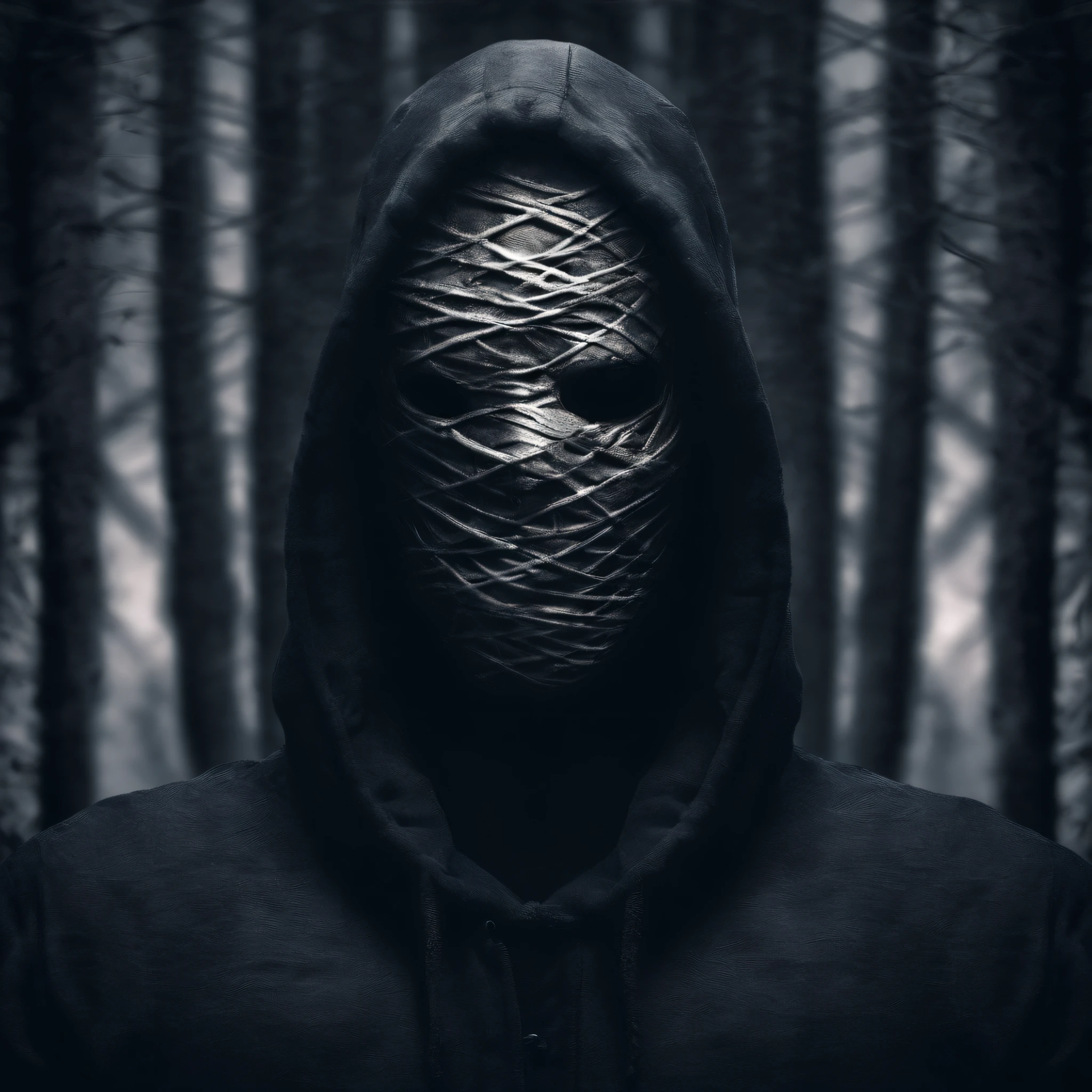 make me a cinematic cover art for a hit single featuring a close up shot of a mummy wearing a black hoodie over bandages covering his entire face and shadowy scary eyes with a cinematic foggy pine forest background