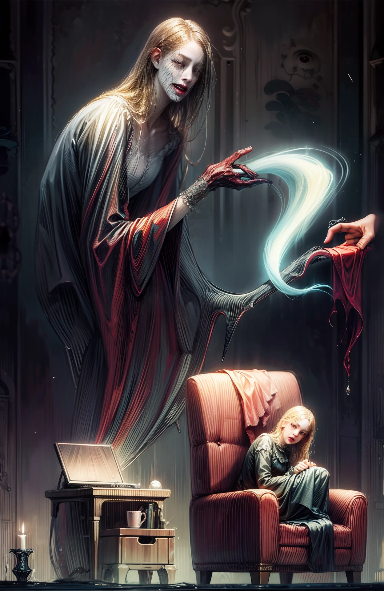 8k, Ultra quality drawing of a man sitting on a couch with a ghost in the background, surreal drawing, scary art, horror surreal art, surreal dark art, spiritual eerie creepy picture, scary picture, nightmarish illustration, haunting!, horror illustration, dark surreal art, creepy art, ito junji art, eerie and grim art style, paranormal monster, surreal illustration, sleep paralysis monster