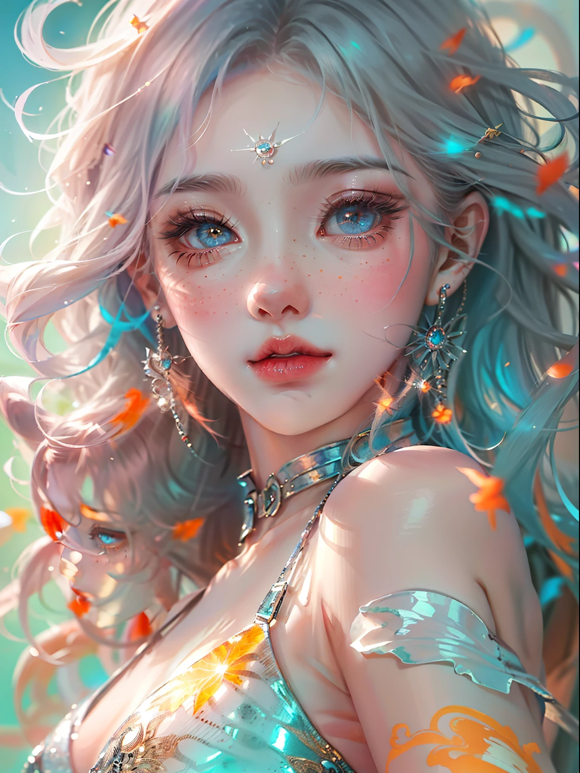 (masterpiece), (highest quality), (Super detailed),(Dish-shaped hair),(figure), (One girl), (Fashionable clothes), Are standing, Fashion Model, View Viewer, (interview), (Simple Background), Beautiful fine details, delicate beauty, floating, (High saturation), (Colorful Splash), Colorful bubbles, (Shine), Focus on the face, ponytail, Ayaka Kamisato, Light blue hair, bangs, Scrunchie, floating flowers, Flowing hair, (Shiny), Best lighting, Best Shadow, Perfect hands, Yasutomo Oka's painting style, Big Breasts, Intricate details, Splash screen, 8K resolution, masterpiece, Meek smile, Mysterious Background, aura, Gentle gaze, Break, Blonde, dynamic sexy poses, Golden Ratio