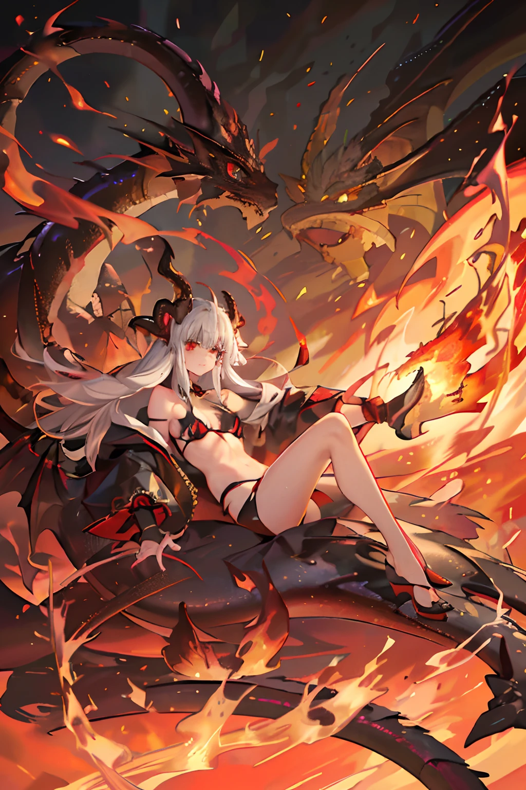 a 18-year-old girl flat chest,She rise from a lava pit, she has horns, some kind of demon from the earth core, She's wearing a bikini, and her expression is a mix of wonder and amazement (((looking at herself))) ((((Dragon made of fire)))) ((((fire dargon))) (((translucid dragon))) swirling on the scene, Fire themed art piece