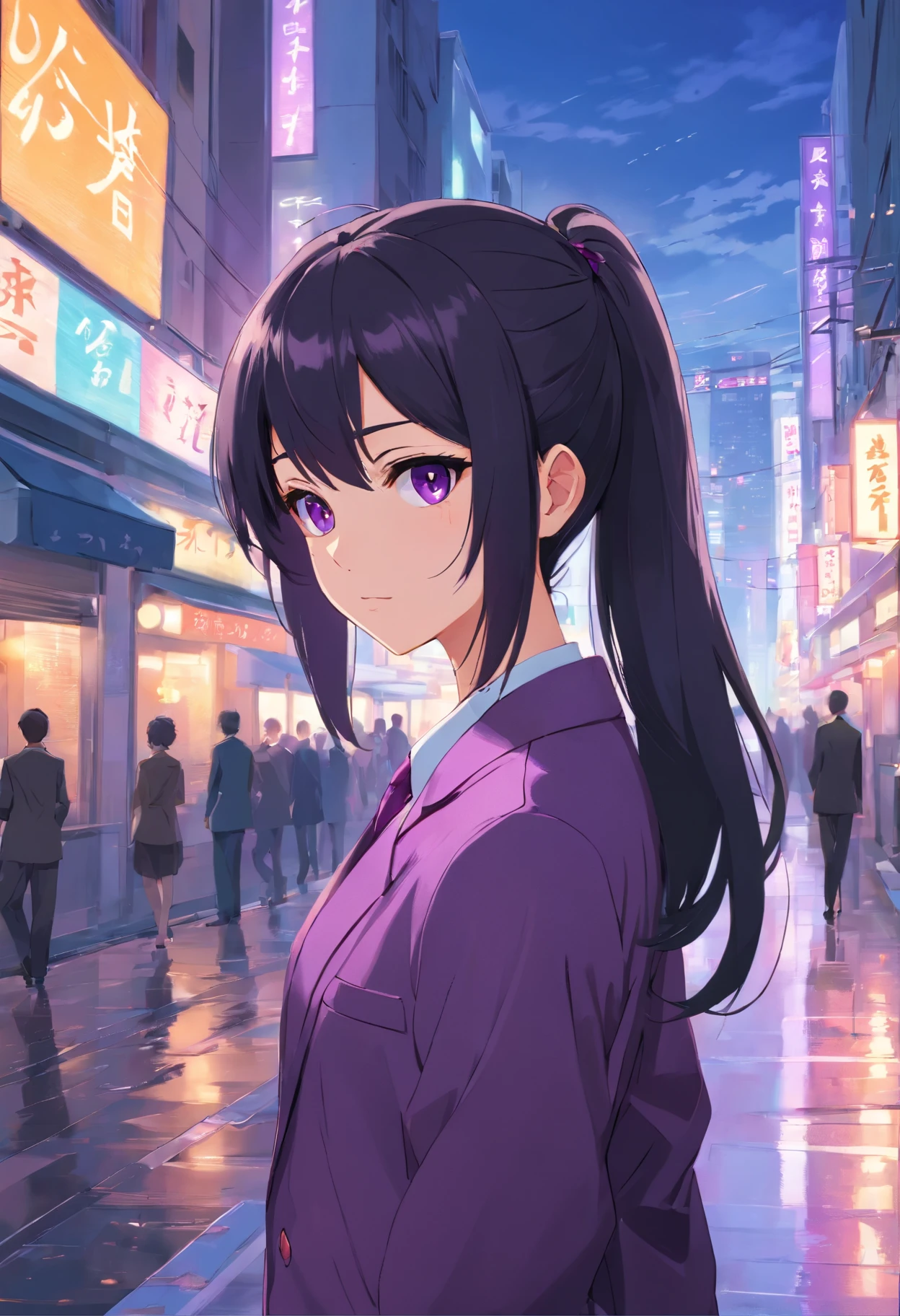 Black color hair，Single ponytail hairstyle，Purple eye，lounge suit，A bustling city street，Gloomy youth