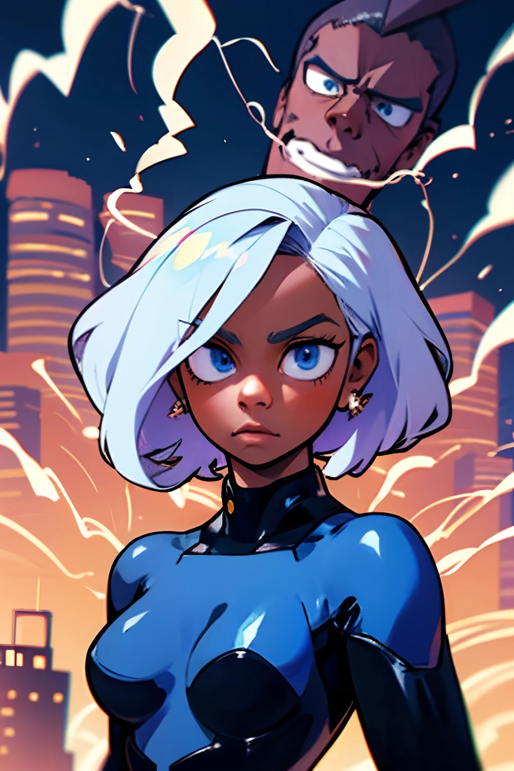 horikoshi kouhei, 1girl, absurdres, white hair, blue eyes, eyebrows, dark skin, blurry, blurry background, boku no hero academia, long fluffy curly hair,twitter username, a cartoon of a young woman, official character art, official art, boku no hero academia style, in a black bodysuit, cyberpunk bodysuit, all black cyberpunk clothes, wearing a black bodysuit, cut out, wearing black tight clothing, skintight black bodysuit, black bodysuit, tight outfit, skintight black clothes, leather bunny costume bodysuit, aeon flux style, bodysuit, intriguing outfit, very sexy outfit, fluffy hair, My hero academia,hero characters,girl with superpowers,,high school students,superhero costumes,superhero masks,quirks,energy blasts,training scenes,heroic poses,vibrant colors,dynamic lighting,explosions,cityscape,fantasy city,skyline,billboards,flying debris,smoke effects,electricity effects,student dormitory,classroom scenes,expressive faces,intense expressions,emotional scenes,dramatic moments,powerful,boss battles,epic showdowns,character development,heroic sacrifices,inspiring speeches,fast-paced sequences,motion blur,dynamic angles, dark skin.