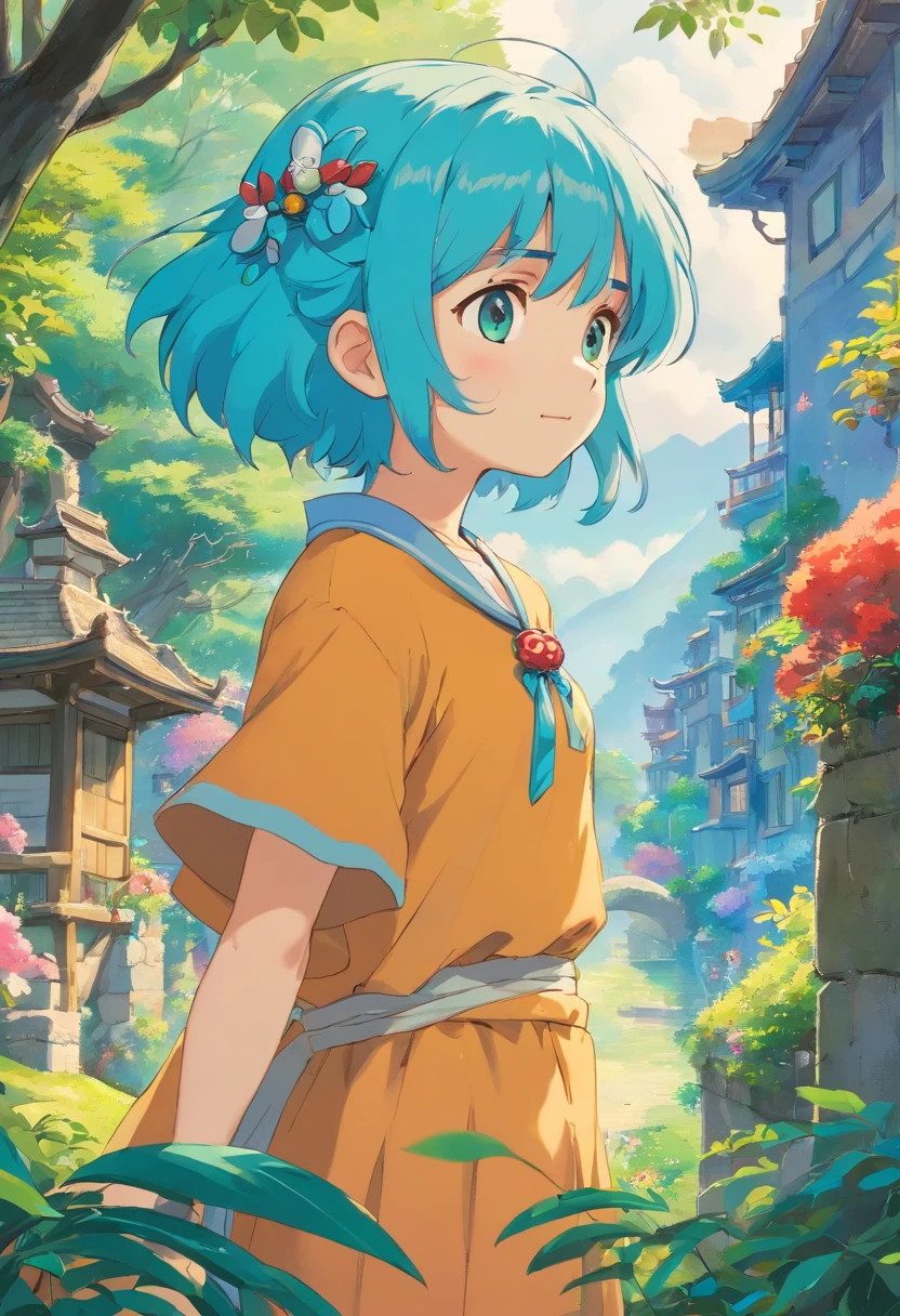 uma menina usando um colar de anime, um colar longo e brincos, no estilo de paisagens de jardim tranquilas, animated color photos, sonic, aquamarine, Estilo Embry, retrato honesto