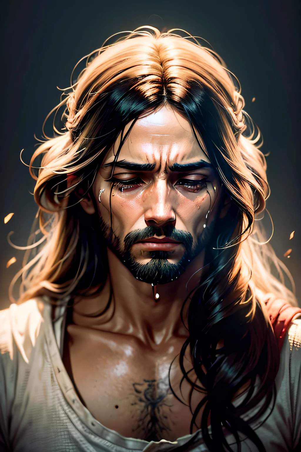 IMAGE OF JESUS AT 33 YEARS OLD, WITH TEARS ON HIS FACE, AND SAD, IN BETANIA, ULTRA REALISTIC IMAGE 32K, WORK OF ART, MASTERPIECE