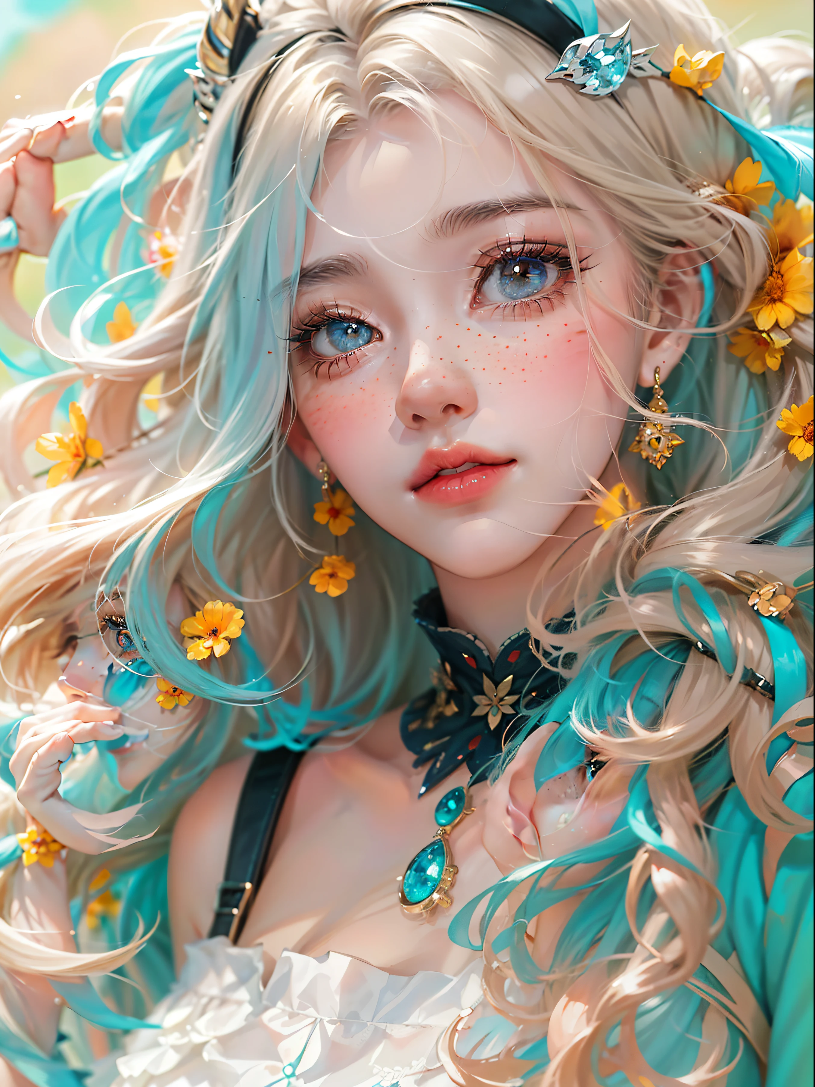 ((ultra detailed)),((Bright eyes)), (Detailed eyes) , 8k, blink blink, (The Little Faux Freckles Makeupgirl), ((realistic skin)), ((focus detailed 2 straps on the shoulders of dress)) , ((shiny facial skin)), with colorful hair and a colorful dress, rossdraws pastel vibrant, rossdraws cartoon vibrant, style anime 8k, beautiful portrait, artgerm colorful!!!, ! dream artgerm, beautiful anime girl, styled digital art, art wallpaper 8k, digital art, extremely detailed artgerm,