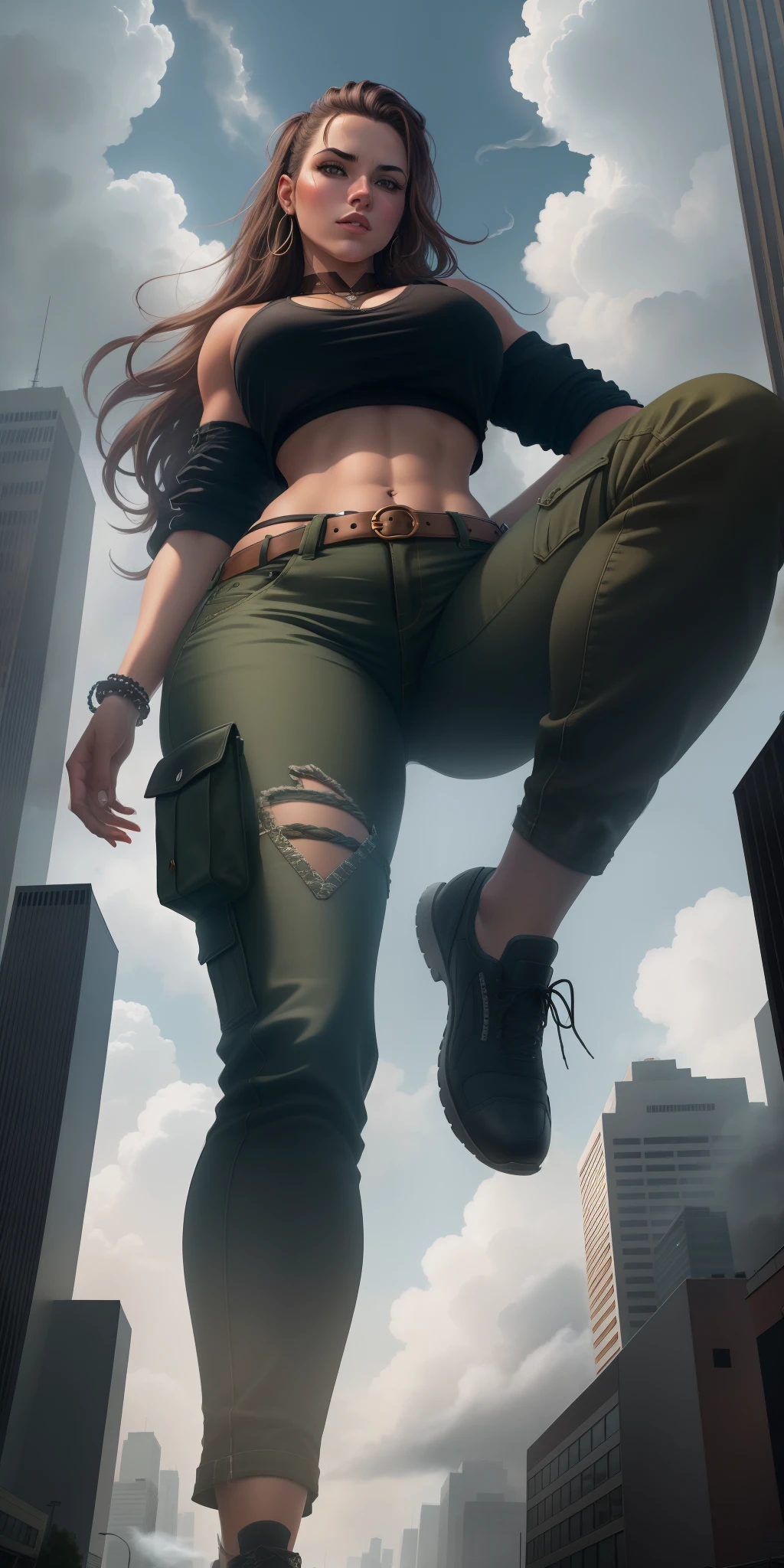 "A towering Giantess in a cool and laid-back hippie style is rocking a crop top and cargo pants. Her toned and athletic build hints at her massive strength. She seems to be casually strolling through the bustling cityscape of GTS City, as towering buildings loom overhead. Smoke and clouds roil around her, adding to the sense of epic scale and drama. The lighting is dark, gloomy, and realistic, creating a tense and ominous atmosphere. The perspective is from below, emphasizing the sheer majesty and power of the Giantess."