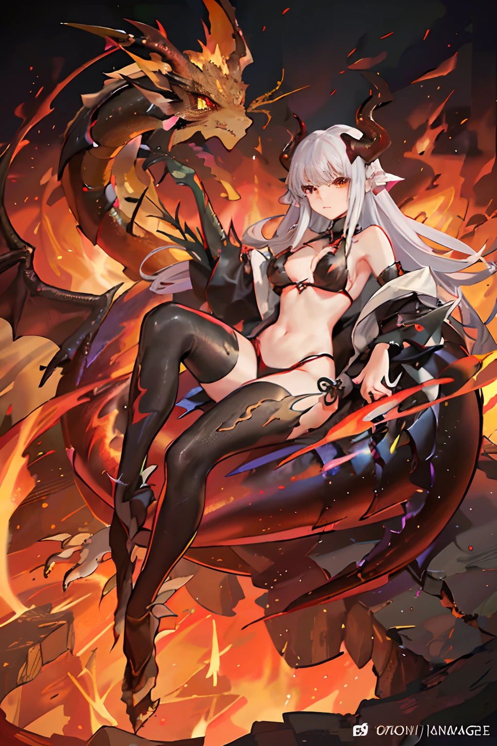 a 18-year-old girl flat chest,She rise from a lava pit, she has horns, some kind of demon from the earth core, She's wearing a bikini, and her expression is a mix of wonder and amazement (((looking at herself))) ((((Dragon made of fire)))) ((((fire dargon))) (((translucid dragon))) swirling on the scene, Fire themed art piece