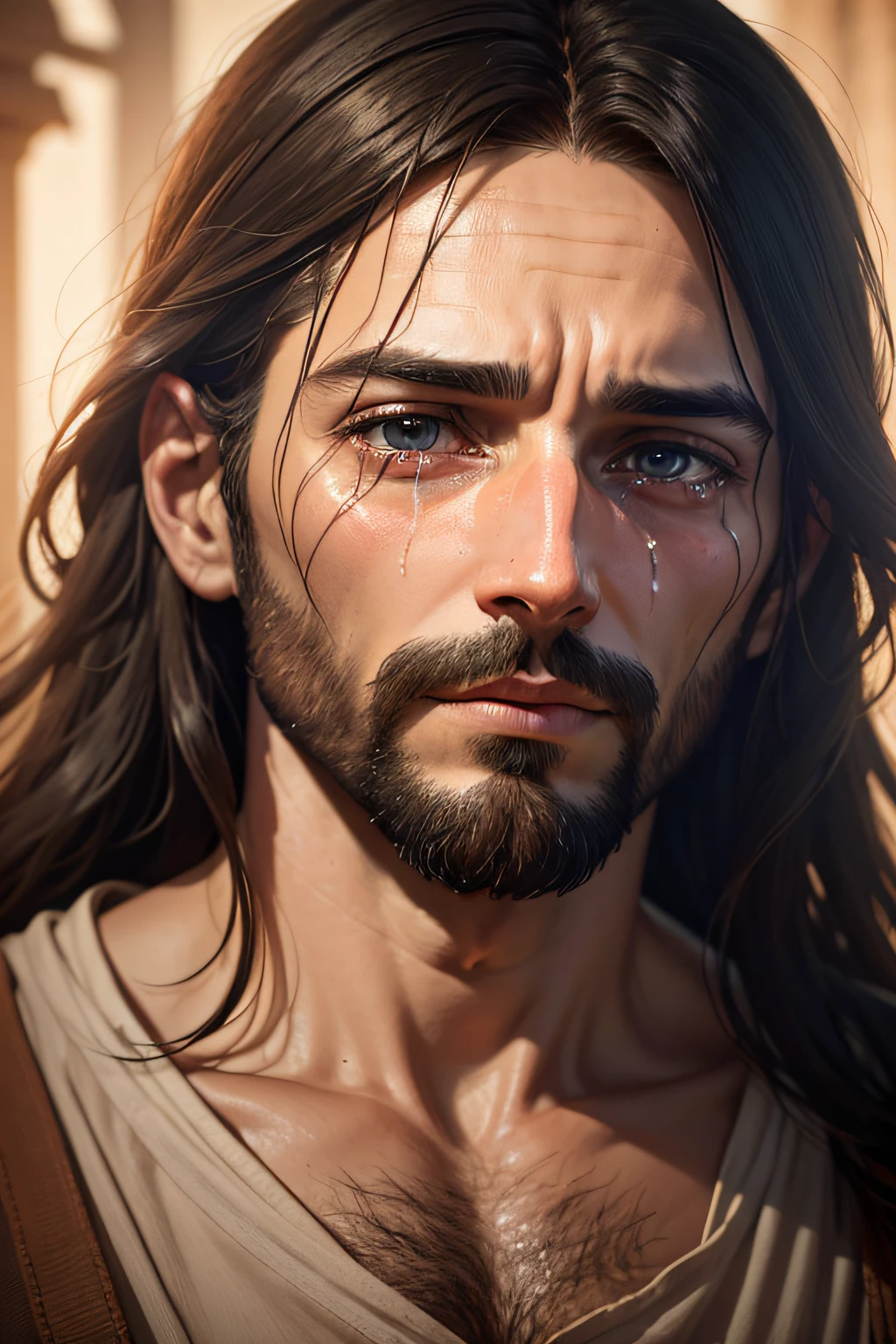 IMAGE OF JESUS ​​AT 33 YEARS OLD, WITH TEARS ON HIS FACE, IN BETANIA, ULTRA REALISTIC 32K IMAGE, WORK OF ART, MASTERPIECE