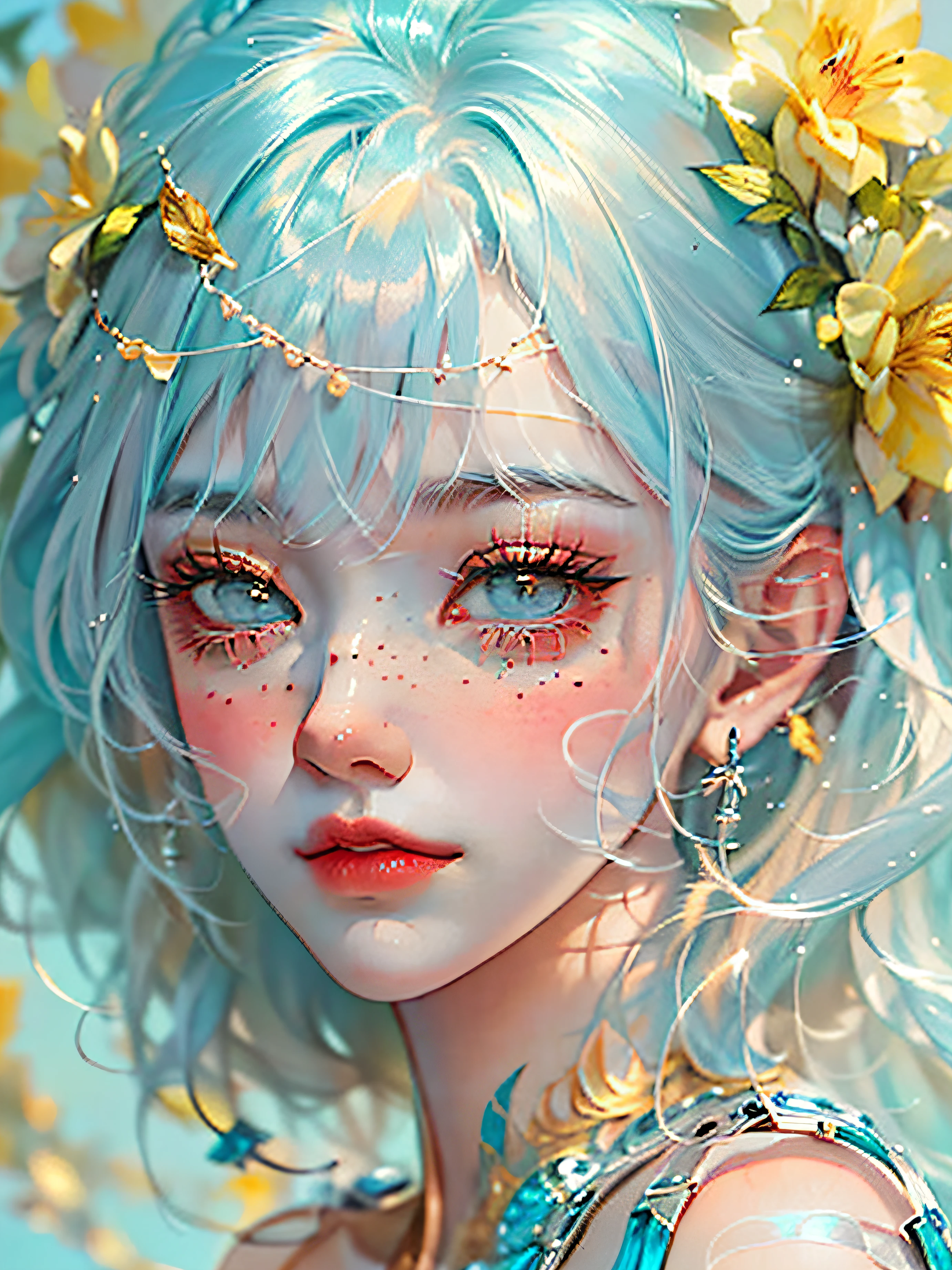 ((ultra detailed)),((Bright eyes)), (Detailed eyes) , 8k, blink blink, (The Little Faux Freckles Makeupgirl), ((realistic skin)), ((focus detailed 2 straps on the shoulders of dress)) , ((shiny facial skin)), with colorful hair and a colorful dress, rossdraws pastel vibrant, rossdraws cartoon vibrant, style anime 8k, beautiful portrait, artgerm colorful!!!, ! dream artgerm, beautiful anime girl, styled digital art, art wallpaper 8k, digital art, extremely detailed artgerm,