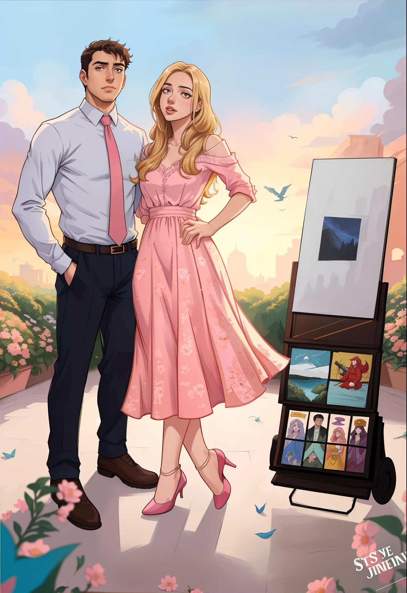 desenho animado de um homem e uma mulher ao lado de uma pintura, capa de romance, Capa de livro de romance, arte publicada, estilo de capa de livro de romance, Directed by: Zofia Stryjenska, in illustration style digital, digital illustation, rob rey and kentarõ miura style, full body commission for, professional illustration, fanart oficial, arte digital de um elegante