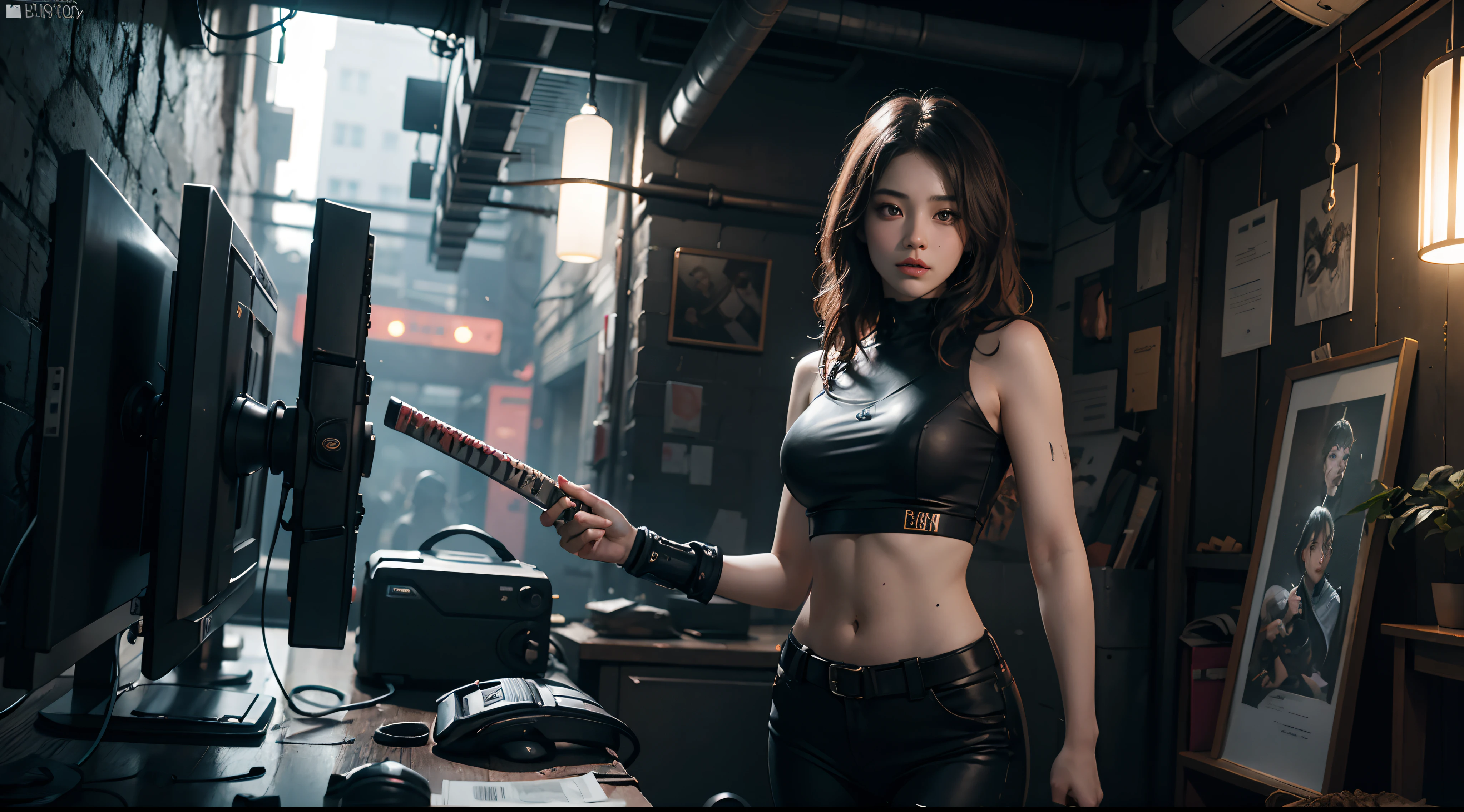 realistic, dark and mysterious atmosphere, futuristic cyberpunk, vibrant colors, electrifying sparks, glowing neon signs, rain-soaked streets, towering skyscrapers, futuristic technology, intense and dynamic pose, lightning bolts, high-voltage energy, intense expression, stormy clouds. at night. 1girl, solo, alone, large-breast:1.2 slim body, cleavage:1.1, sexy wind blowing wet dress:1.4, (headphone, black sunglasses), (((((she raised:1.8 a pistol:1.8 and took aim at viewer))))), dynamic pose, (((half-body thigh level medium shot))), cinematic lighting, lens flare, ray tracing.