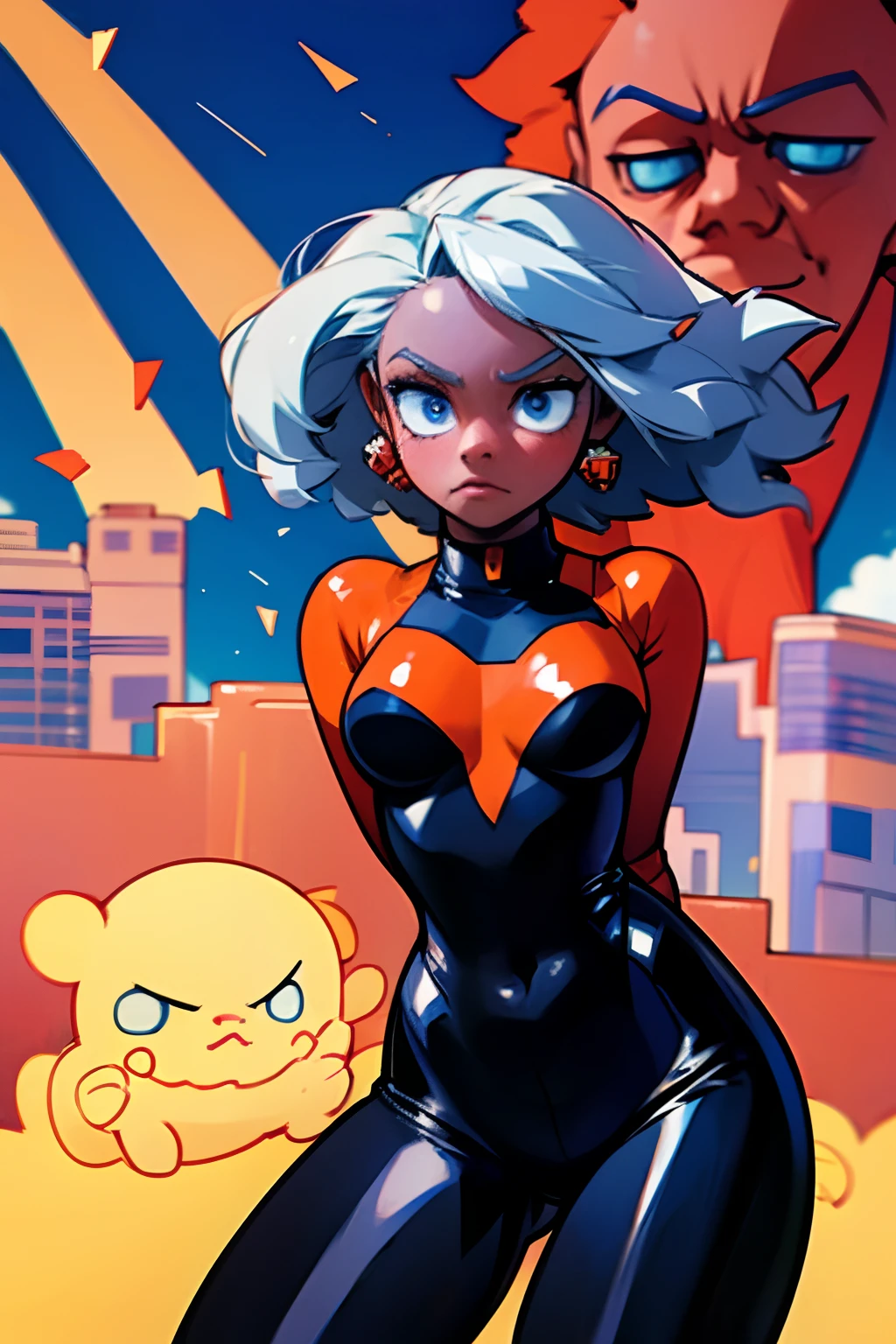 horikoshi kouhei, 1girl, absurdres, white hair, blue eyes, eyebrows, dark skin, blurry, blurry background, boku no hero academia, long fluffy curly hair,twitter username, a cartoon of a young woman, official character art, official art, boku no hero academia style, in a black bodysuit, cyberpunk bodysuit, all black cyberpunk clothes, wearing a black bodysuit, cut out, wearing black tight clothing, skintight black bodysuit, black bodysuit, tight outfit, skintight black clothes, leather bunny costume bodysuit, aeon flux style, bodysuit, intriguing outfit, very sexy outfit, fluffy hair, My hero academia,hero characters,girl with superpowers,,high school students,superhero costumes,superhero masks,quirks,energy blasts,training scenes,heroic poses,vibrant colors,dynamic lighting,explosions,cityscape,fantasy city,skyline,billboards,flying debris,smoke effects,electricity effects,student dormitory,classroom scenes,expressive faces,intense expressions,emotional scenes,dramatic moments,powerful,boss battles,epic showdowns,character development,heroic sacrifices,inspiring speeches,fast-paced sequences,motion blur,dynamic angles, dark skin.