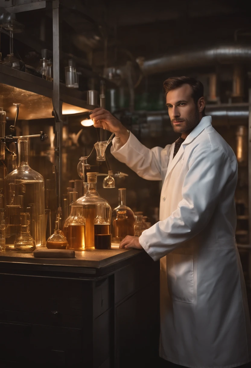 arafed man in a lab holding a glass with a liquid inside, he is in a alchemist lab, mad scientist working, portrait of a rat mad scientist, poetic sequence in mr. clean, russian lab experiment, elite scientist, portrait of a male hydromancer, scientist, in an underground laboratory, foxish guy in a lab coat, molecular
