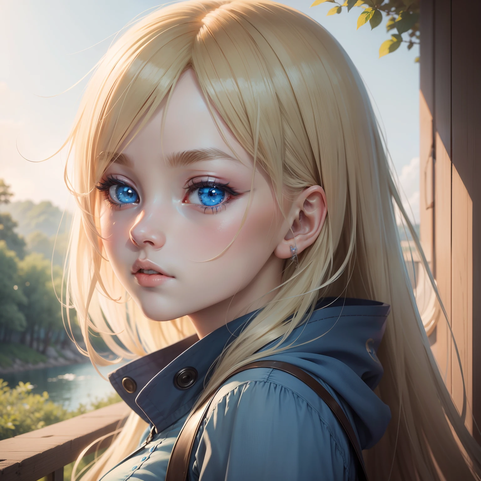 Anime, Kizi, blaue Augen, Blond, blauer Schal, blaue Augen, blaue Augen, blaue Augen, blaue Augen, blaue Augen, blaue Augen, blaue Augen, beautiful anime portrait, stunning anime face portrait, Detaillierte digitale Anime-Kunst, beautiful anime girl, Beautiful anime face, A portrait of a blue-eyed girl, detailed portrait of anime girl, Digitale Anime-Kunst, Waldlandschaft