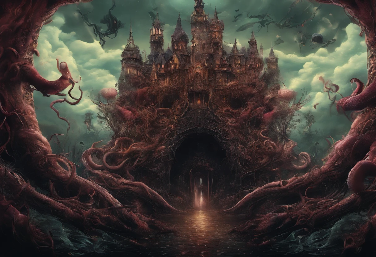 ((Best quality, 8K, Masterpiece: 1.4)),((Amazing detail: 1.3)),((illustration: 1.2)),((high resolution: 1.1)),Creepy, Horror, Worms, Dark style, Dark fantasy,Tentacle, Flesh-colored, Realistic, Dark atmosphere, Chiaroscuro, filmgrain, peristaltic,